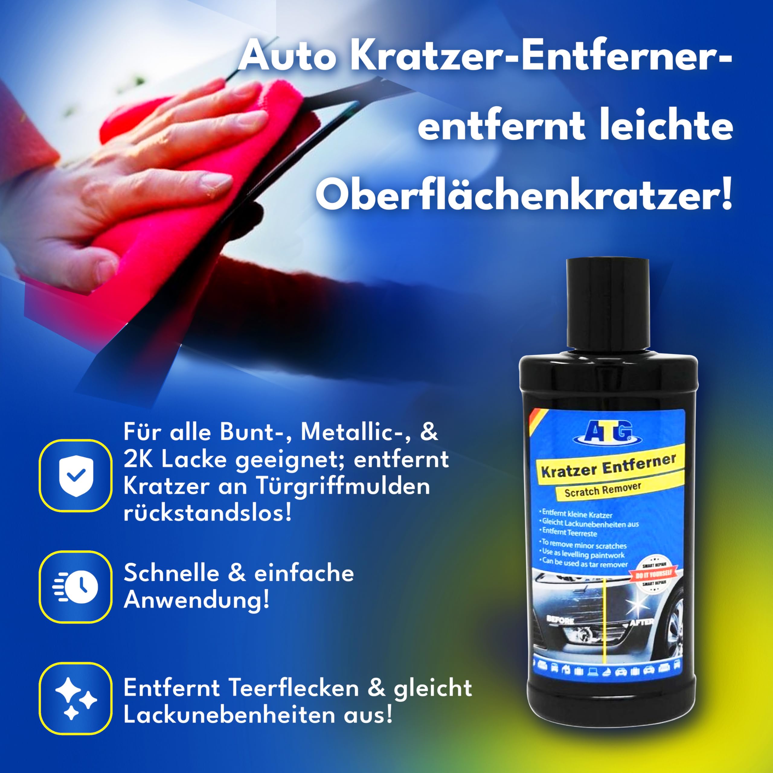 ATG® Premium Autopflegeset - Lederpflege mit Zitrusduft - Scheibenversiegelung - Cleaner Wax Autopolitur mit Carnaubawachs - Reinigungsgel für den Innenraum - Kratzerentferner - 3x Mikrofasertuch