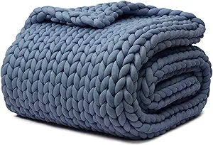 YnM Knitted Weighted Blanket, Hand Made Chunky Knit Weighted Throw Blanket for Sleep or Home Décor (Denim Blue, 80x87 Inch, 25lbs)