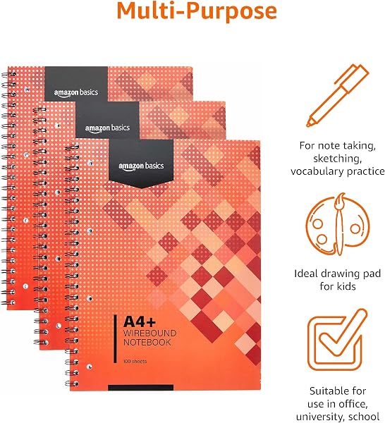 Amazon Basics Cahier à reliure spirale, 100 feuilles, 200 pages A4+, 80 g/m², lot de 3, Rouge - 3