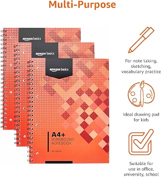 Amazon Basics Wirebound Notebook, 100 Sheets, 200 Pages A4+, 80GSM, red, Pack of 3