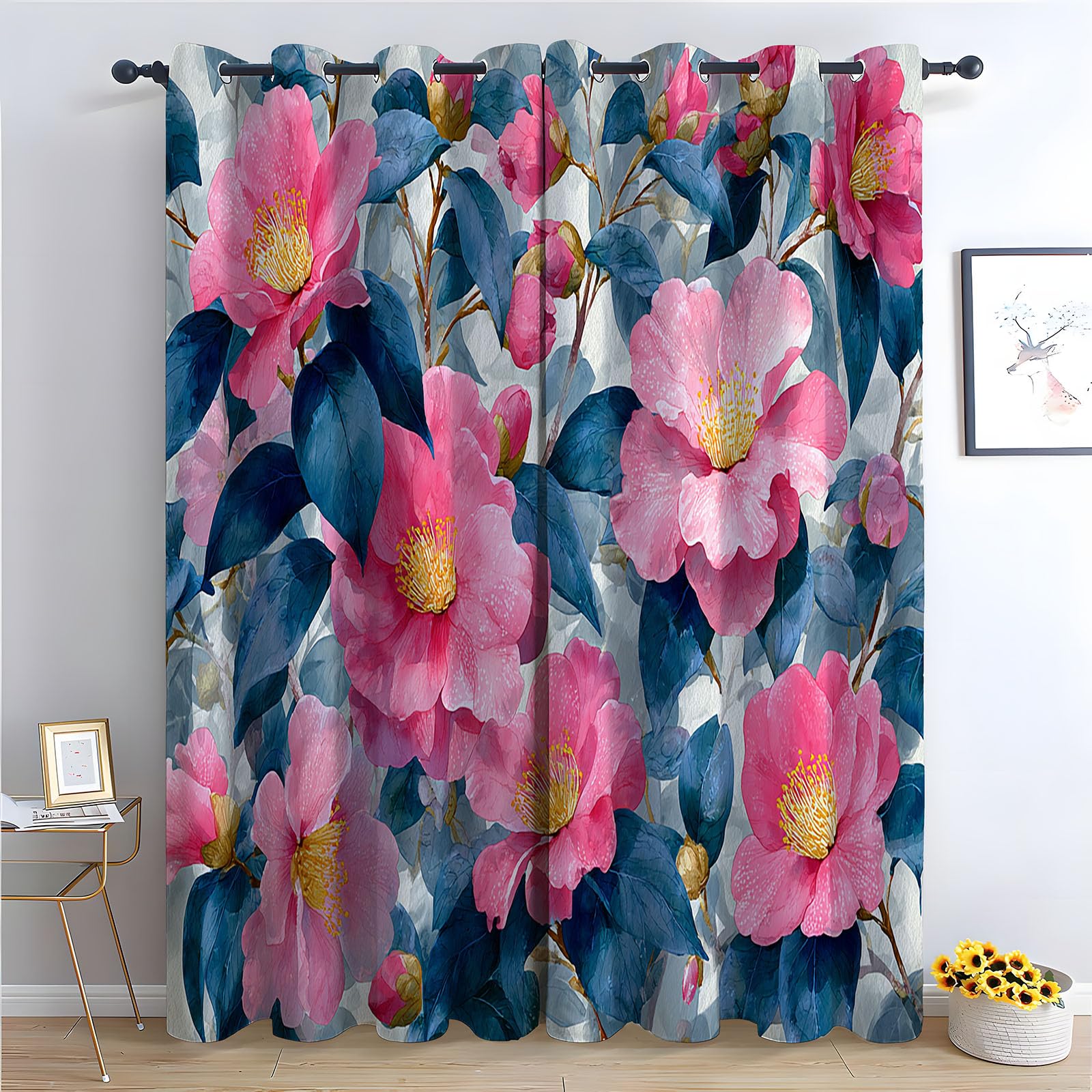 TERUEA Waterfall Nature Scene Curtains, Soft watercolor pink camellia dark blue leaf spring floral Curtains Nature Landscape Scenery Fabric Polyester-42 W x 72" L (Pack of 2)