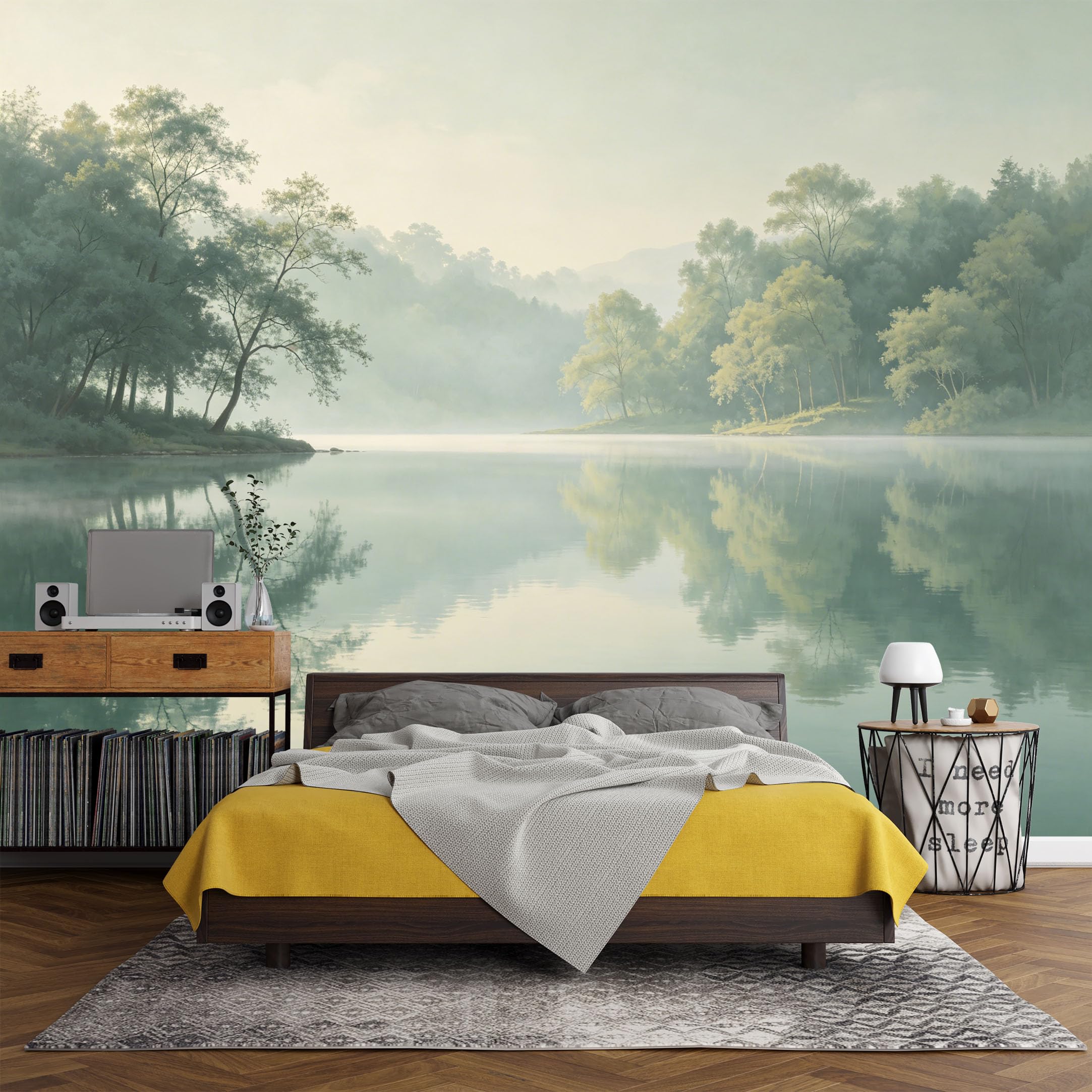 Custom Size Wall Mural， Landscape Misty Lake Forest Reflection Tranquil Nature Scenery，SelfAdhesive Art Prints wall Fabric (No PVC) Removable Wallpaper Living Room Decor