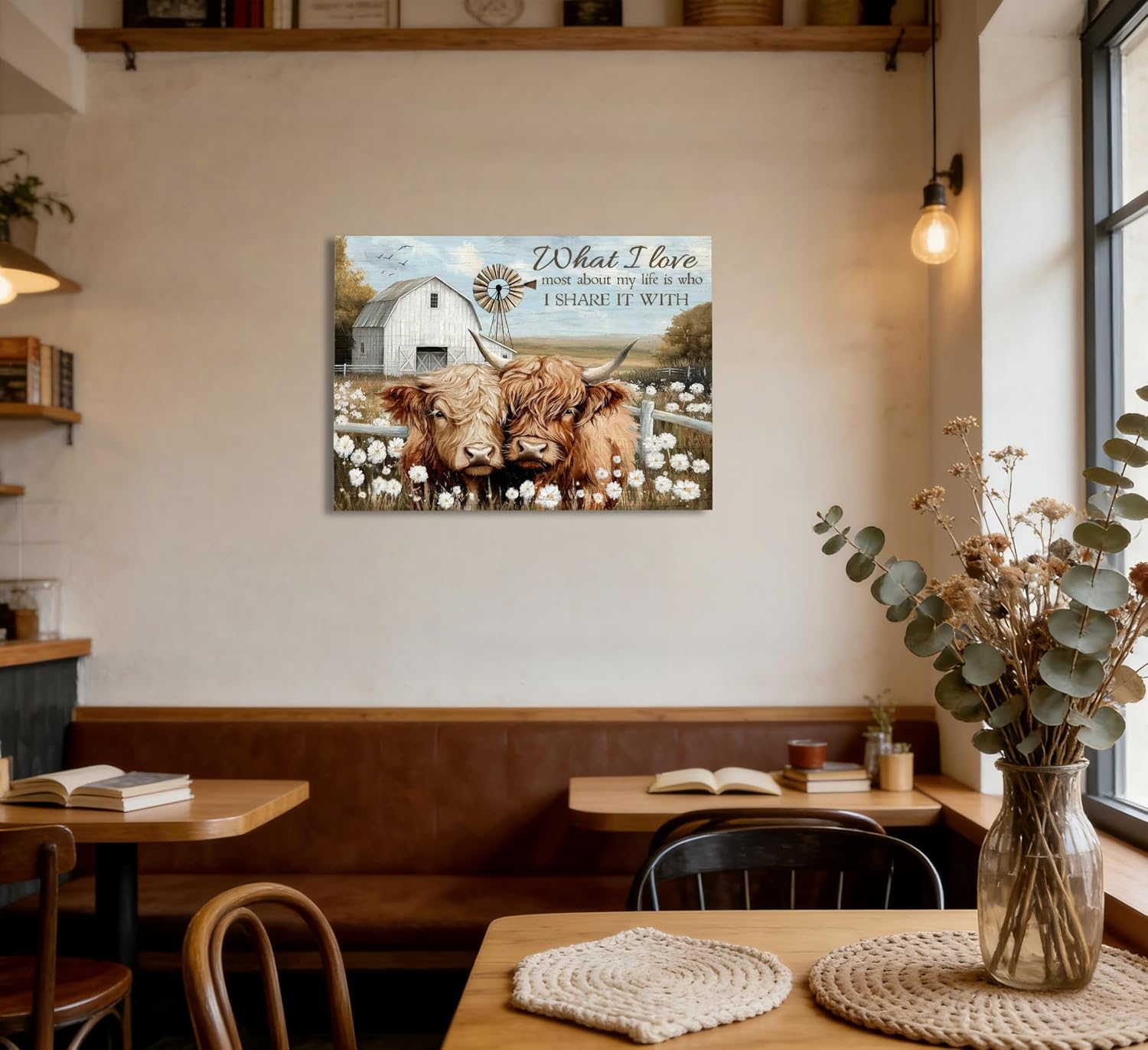Farmhouse Highland Cow Canvas Wall Art, Rustic Cute Cow Painting Picture Wall Decor, Vintage Animal Love Quote Artwork for Living Room Bedroom Bathroom Home Decoration 16x24 in