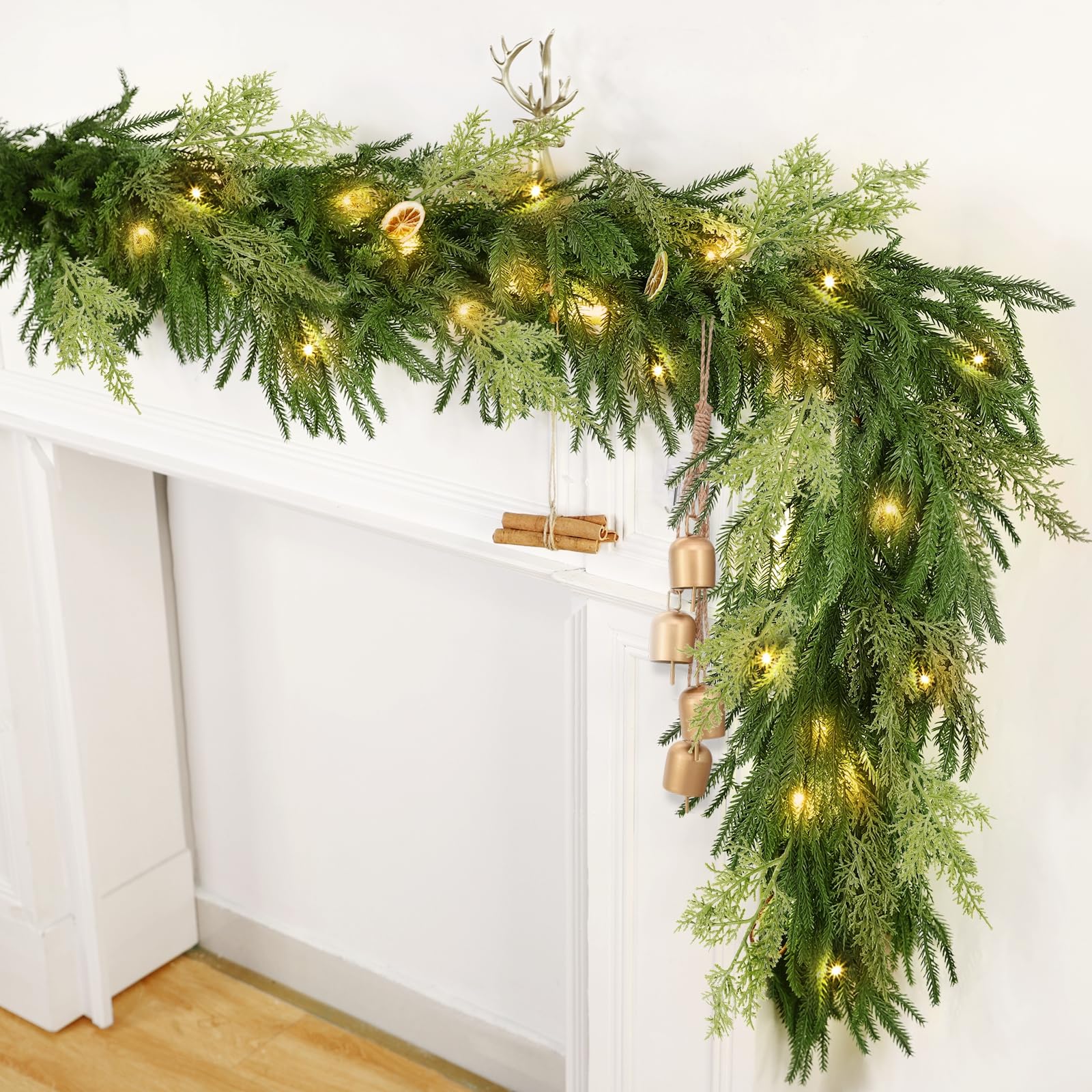 6 Ft by 10 Inch Real Touch Norfolk Pine Garland, Prelit Christmas Garland with Lights Timer 120 Pine Cypress Tips, Cedar Garland Artificial Realistic Soft Thickness Greenery Garlands for Mantle Home