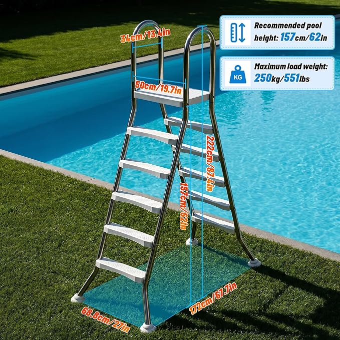 Escalera para piscina de acero inoxidable 5 peldaños 62 pulg miniatura 3