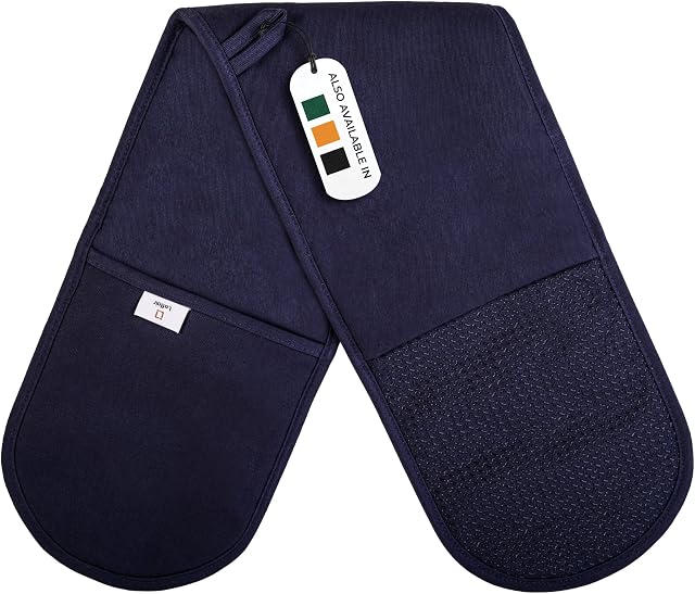 Navy Oven Gloves Double by Laffair® Heat Resistant Oven Gloves Navy Blue Kitchen Accessories - Non-Slip Silicon Grip Navy Blue Oven Gloves- Double Oven Gloves Blue
