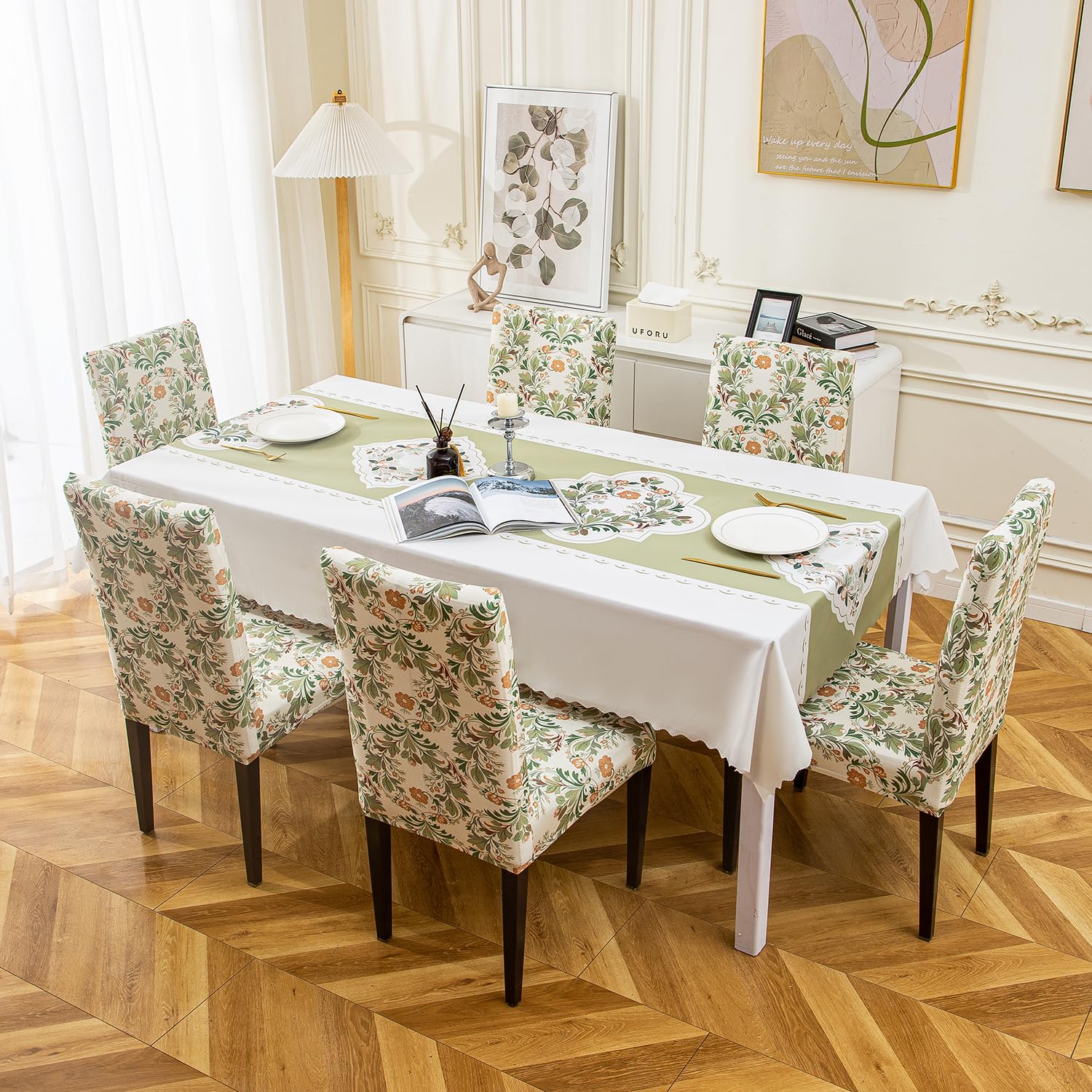 House of Quirk Rectangular Dining Table Cover Waterproof For Kitchen Dining, Polyester Table Cloth Dust And Oil Repellent, Kitchen Décor (140x180Cm, Beige Coriander, 1 Table Cover + 4 Chair Cover)