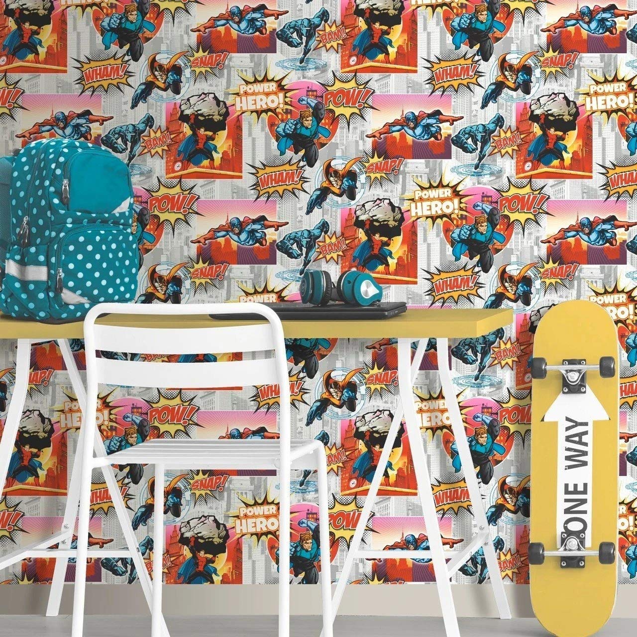 Debona Boys White,Black Superhero Multi Wallpaper 6337 - Kids Childrens Bedroom City Wham!