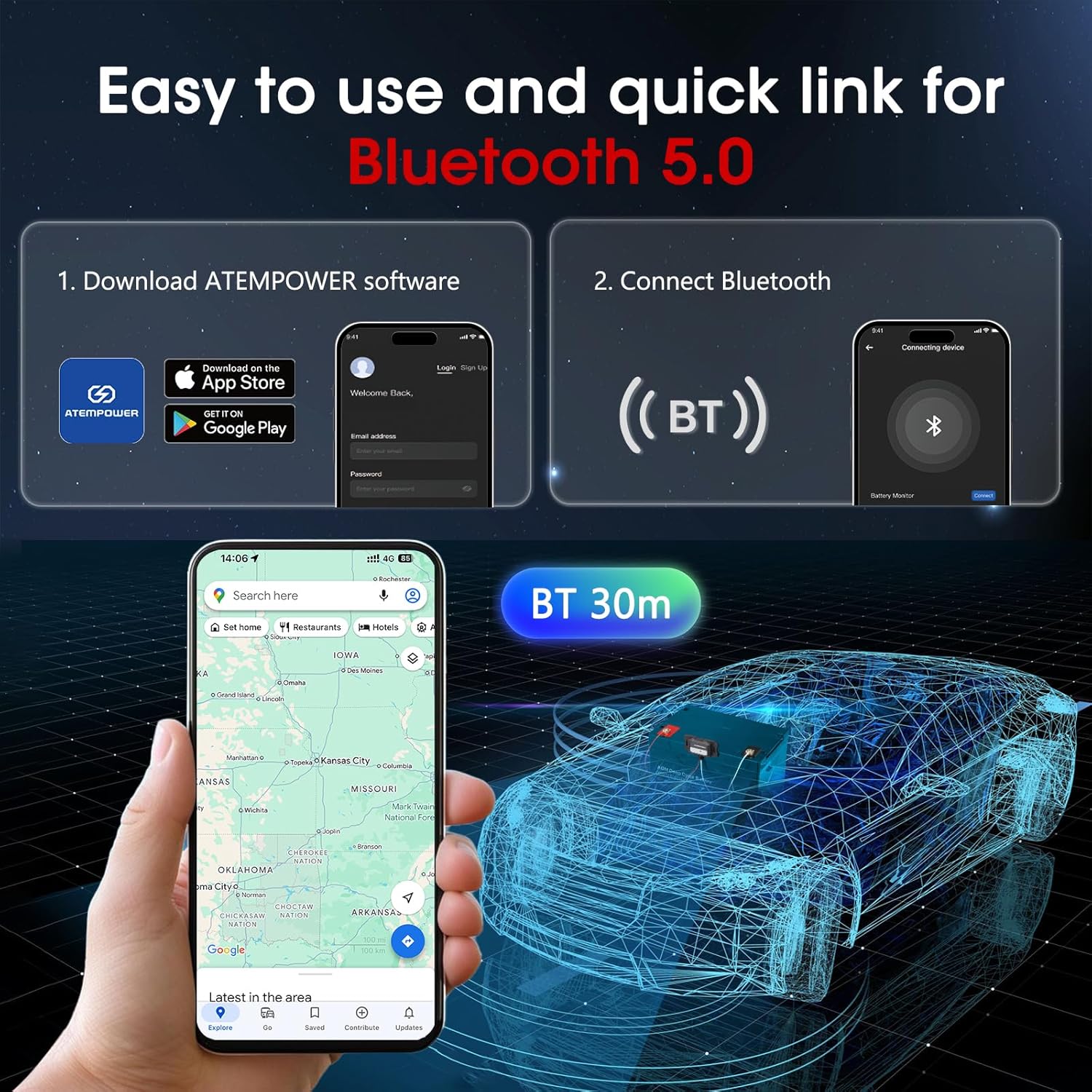 Diagram showing steps to download the ATEMPOWER app from app stores and connect via Bluetooth, with a car outline illustrating the 30m Bluetooth range.