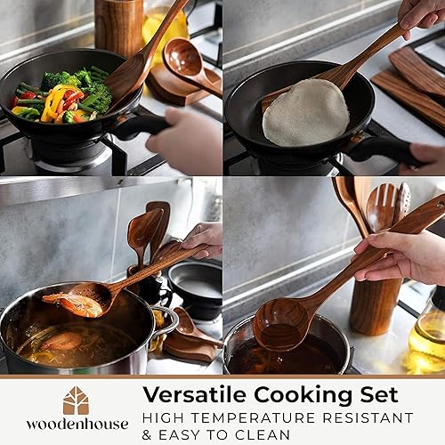 Miniatura 7 de Woodenhouse - Cucharas de madera para cocinar, juego de utensilios de cocina de madera con soporte, soporte para cuchara y ganchos, utensilios de