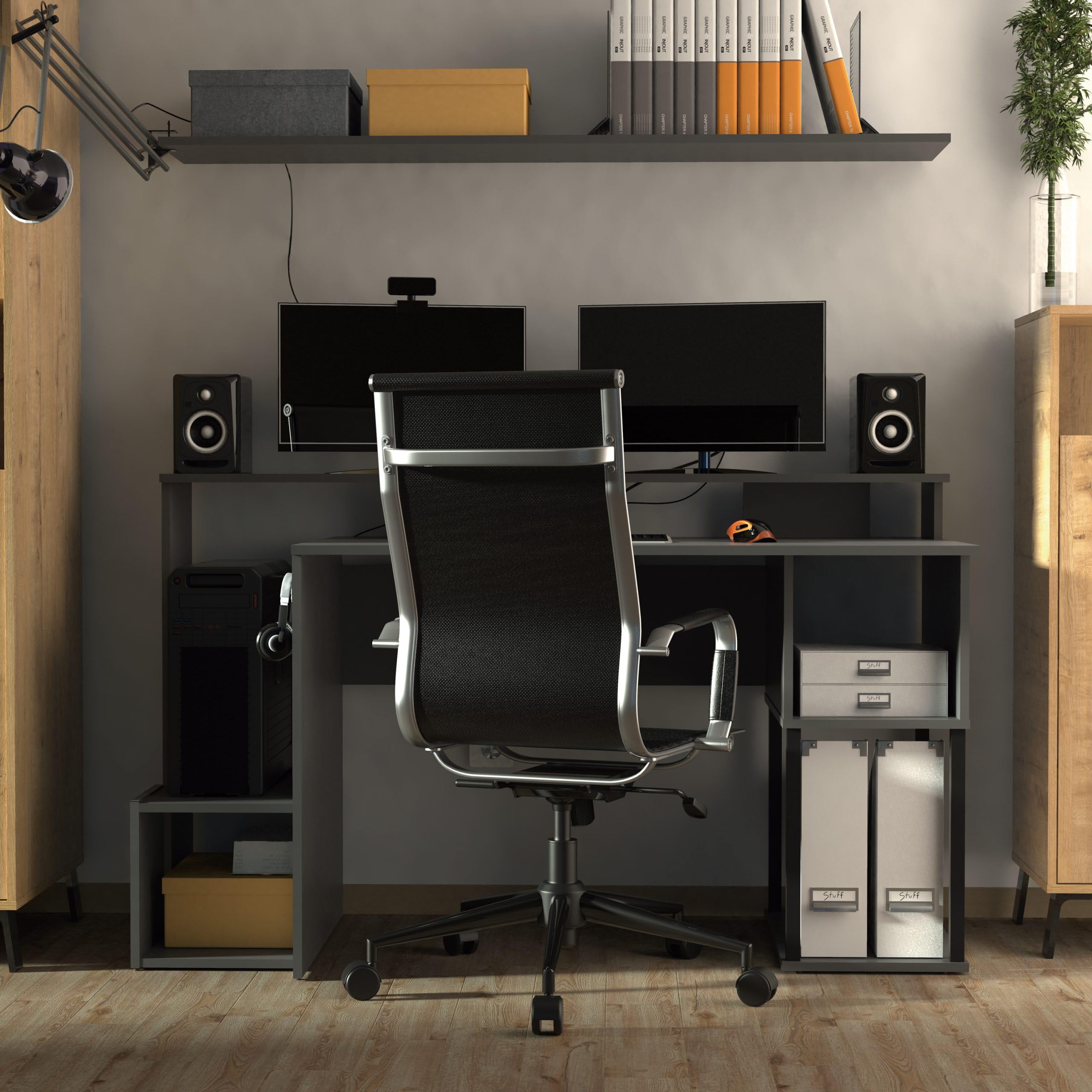 Mesa Gaming con Gancho para Auriculares, Curva pasacables, Altillo para monitores, Mesa de Ordenador para Oficinas, Escritorio, Gris, 89,5x150x67cm (Alto x Ancho x Fondo) Moderna Modelo Neru