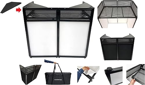 Jumbo 53 pulgadas de ancho DJ Evento Fachada Blanco/Negro Scrim Booth Dos tapas de mesa de esquina superior de 23 x 53 pulgadas. Funda de transporte
