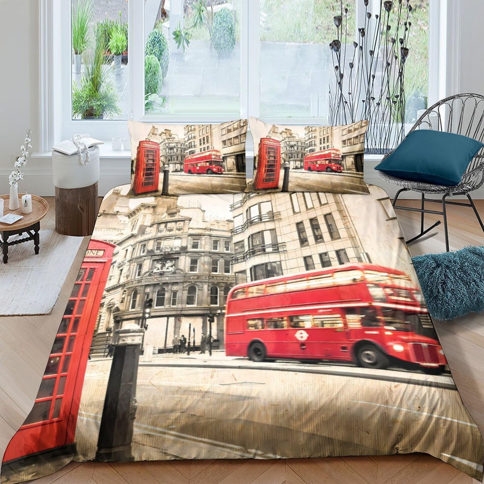 Ctjqhvkz Style-1 3D Printed London Bus Fitted Sheet Microfiber Urban Cityscape Bed Sheet Red Phone Booth For Bedroom Decor Single（135X200cm）