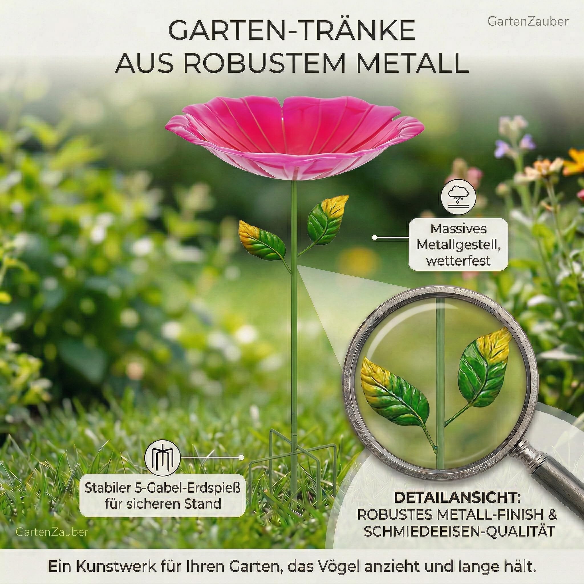 2er Set Metall-Vogeltränke stehend für Garten, Vogelbad Vogelbecken Futterschale Schüssel Wildvogeltränke Wassertränke Vogelfutterspender Abnehmbar frostfest für Hof (Blume B-Gelb & Pink)