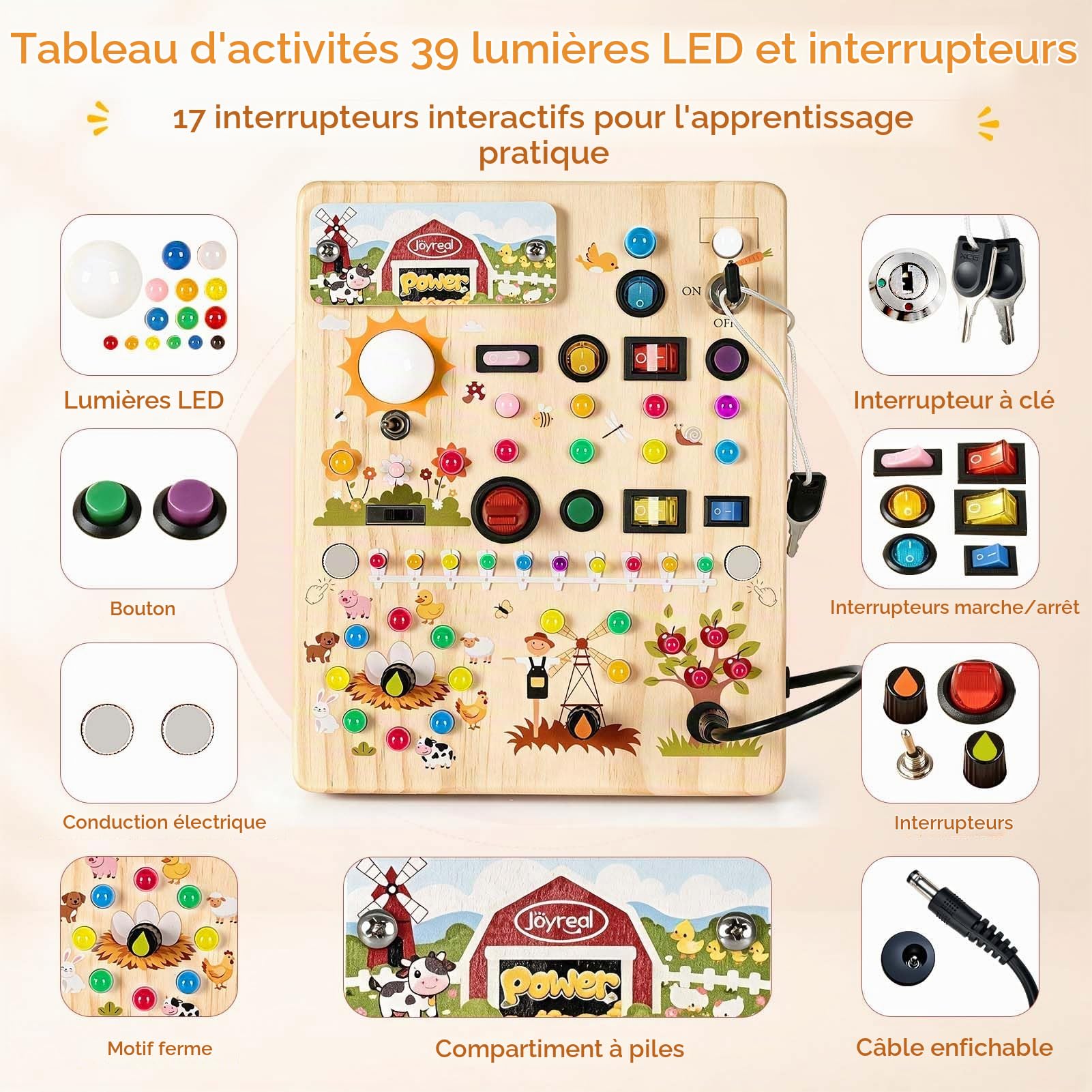Joyreal Busy Board Jouet Enfant 2 Ans, Tableau D’activités Montessori en Bois avec 39 Lumières LED Et 17 Interrupteurs, Jouet Bebe 1 2 3 Ans, Jouet Sensoriel Éducatif pour Garçons Filles 1 2 3 Ans