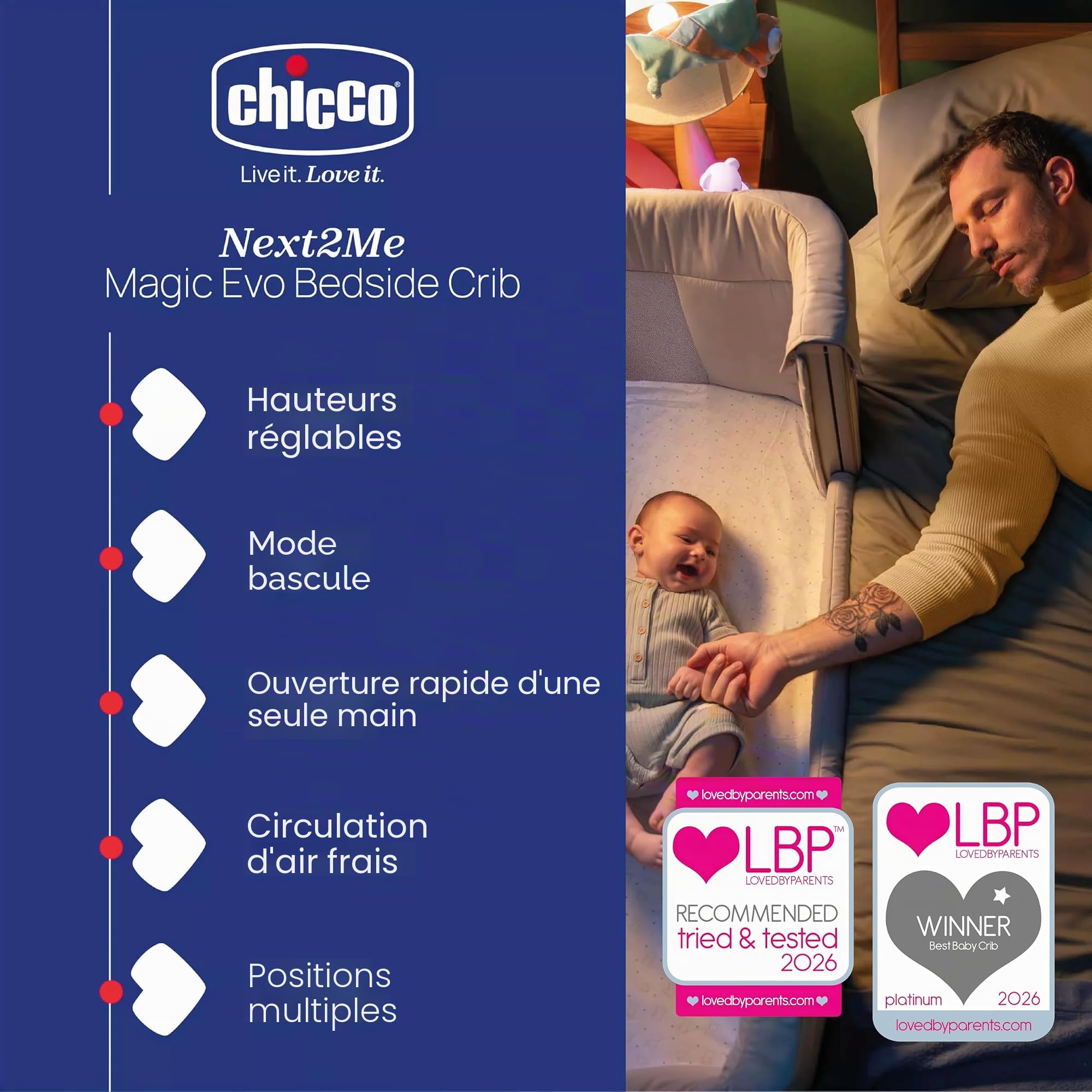 Chicco Next2Me Magic Evo Berceau de cododo pour bébé, Compatible avec différents Lits, Mode à Bascule, Hauteur réglable, barrière coulissante, 4 Roues, Bonne Circulation de l'air, Matelas et Sac