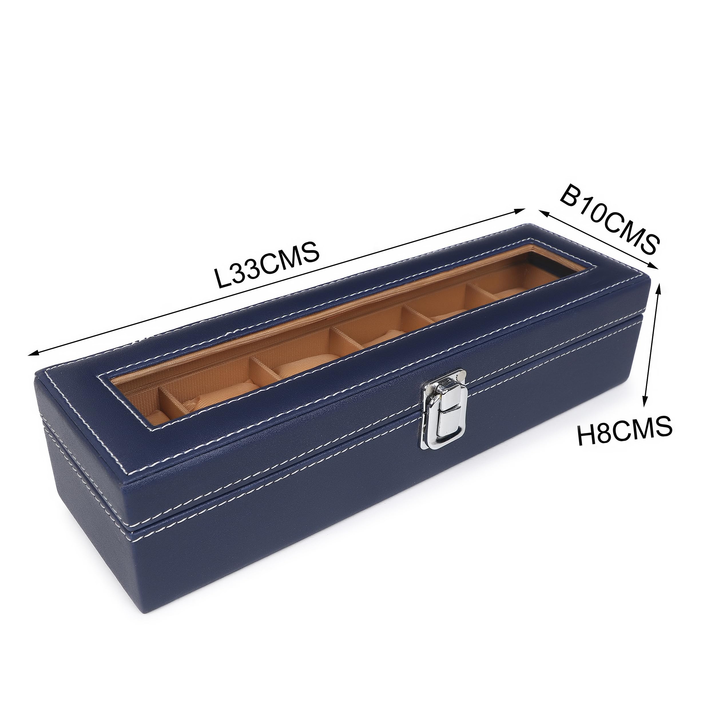 LEDO Watch Box Organizer Case with 6 Slots, Transparent Display, PU Leather Exterior, Blue & Cream Velvet Interior, Metal Clasp Lock, Rectangular Storage Case for Men 2