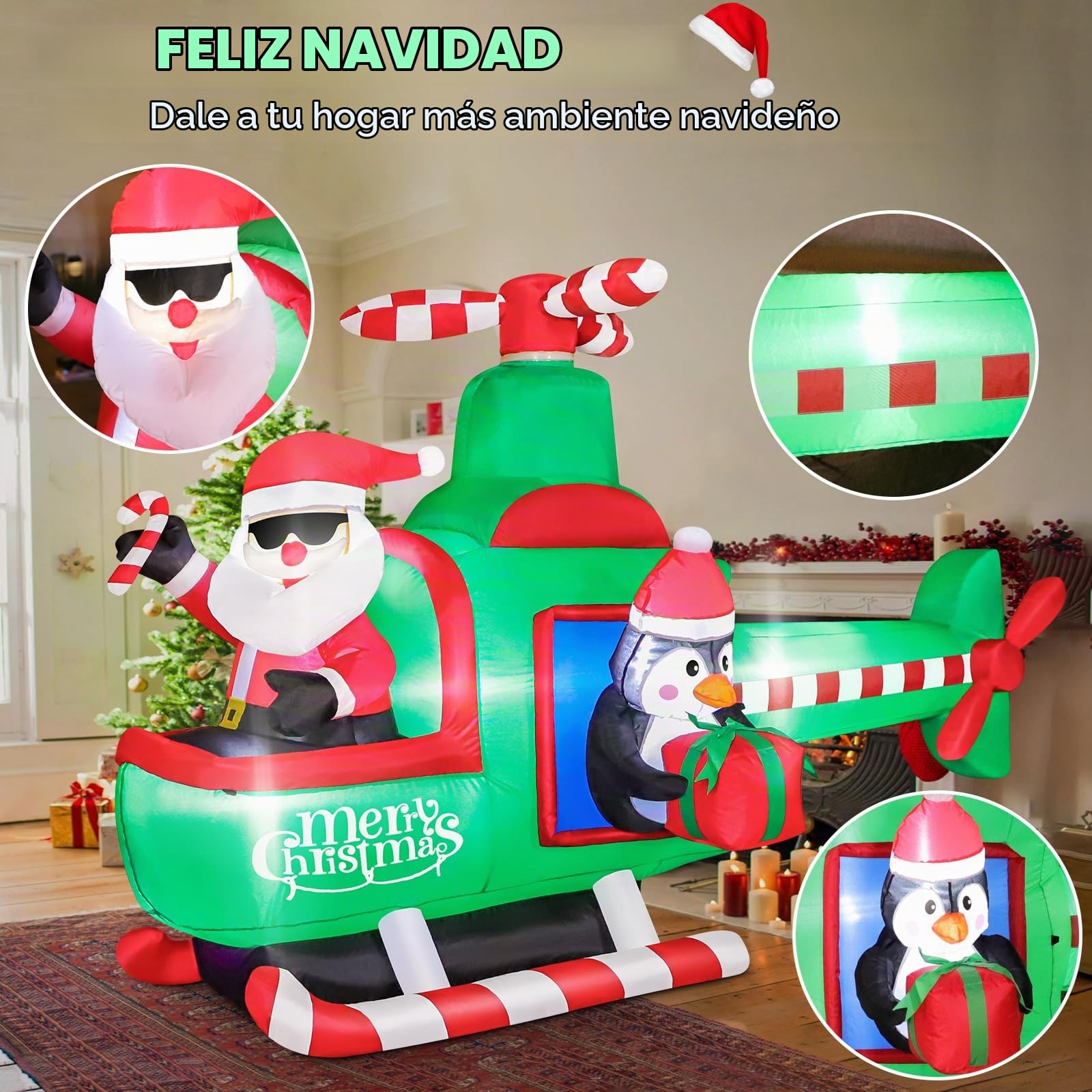 Aimosen 195CM Decoración Inflable LED, Papá Noel Inflable en Helicóptero + Pingüino Decoración Navideña Inflable, 6.5FT Decoración Fiestas de Césped y Jardín Navideño al Aire Libre
