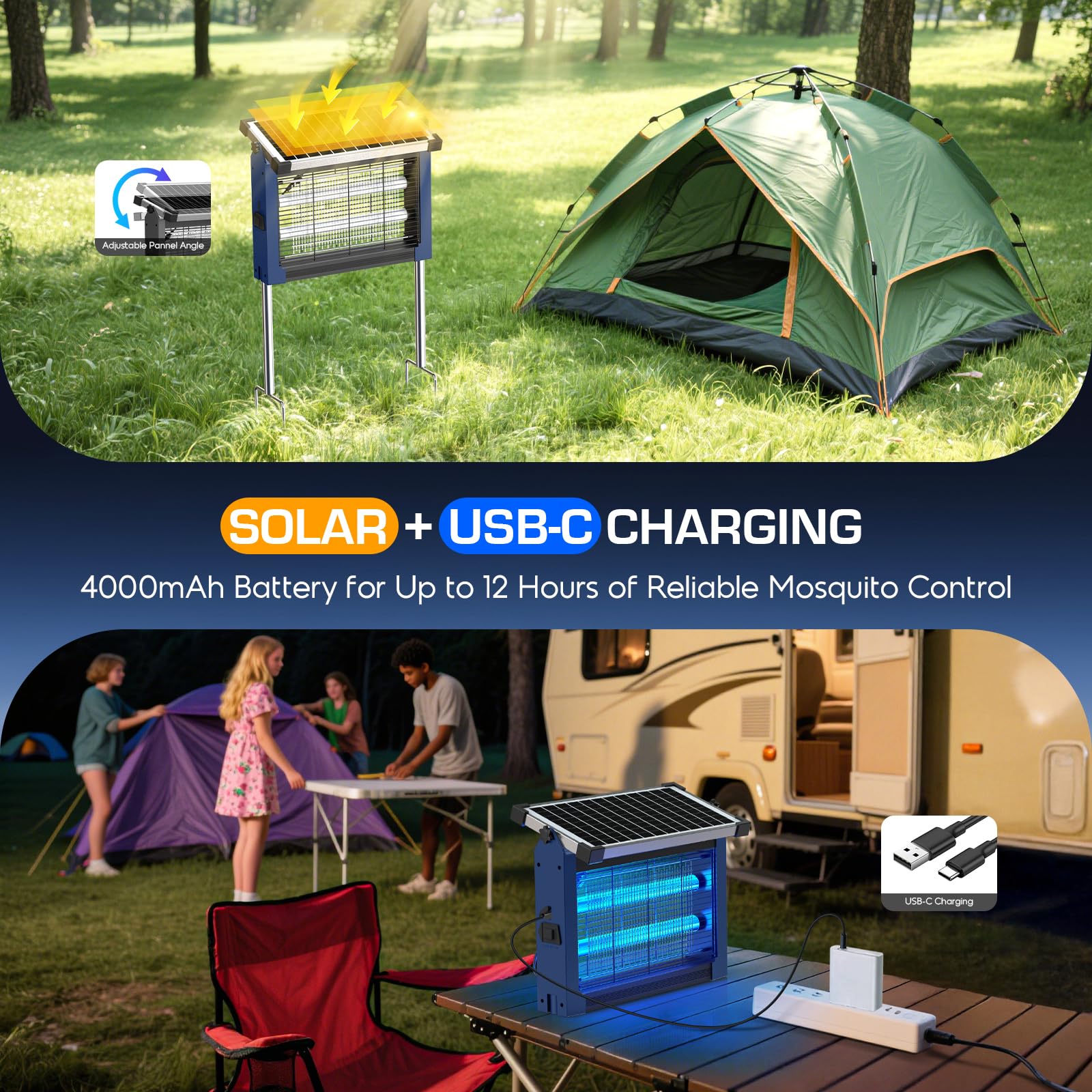 Solar Bug Zapper Outdoor Wasserdicht, 4500V High Power Cordless Mückenzapper mit Smart Light Sensor, Dual Solar & USB Wiederaufladbarer Insektenvernichter für Terrasse, Garten, Hinterhof, Indoor