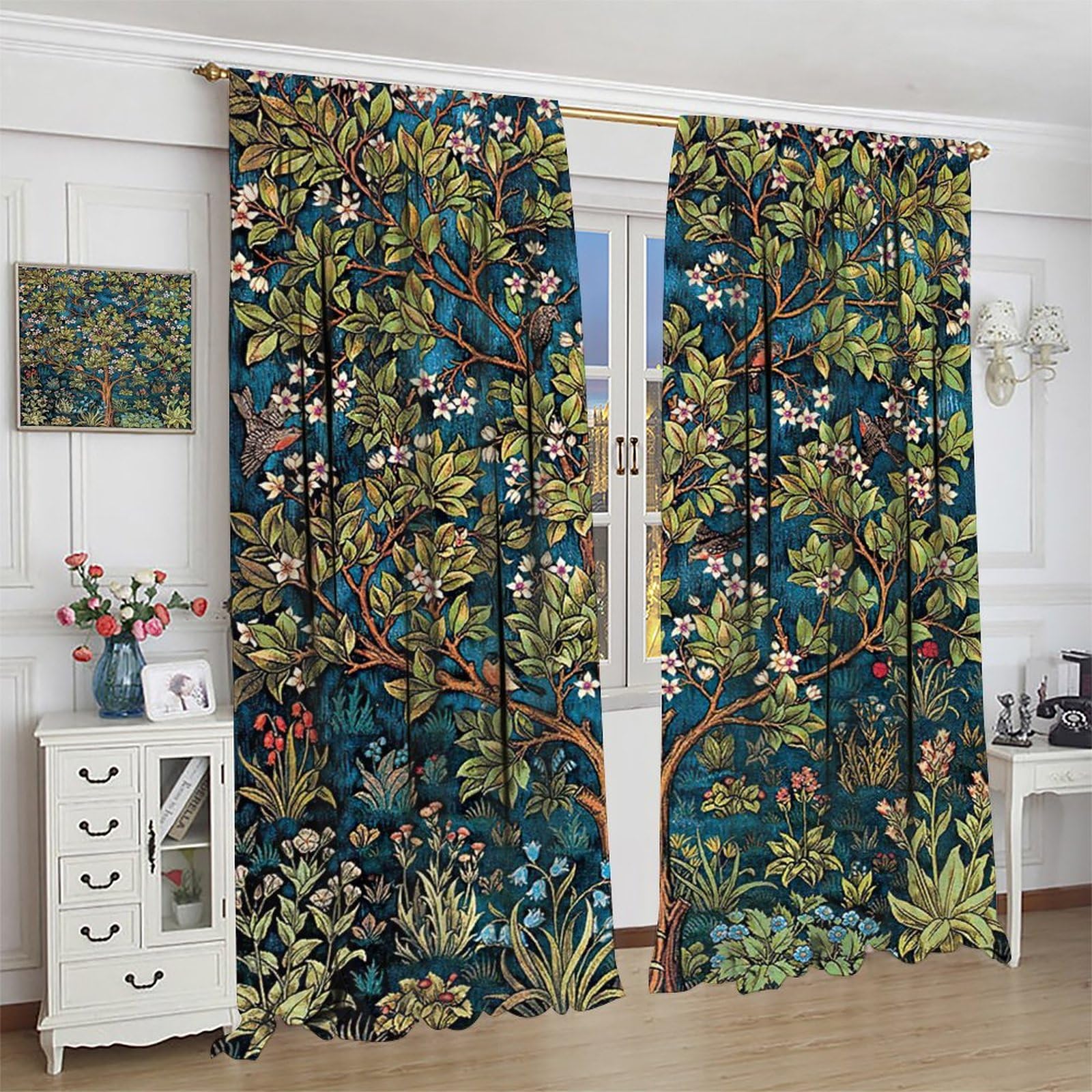 Morris & Co. 花柄ドレープカーテン Amazon｜William Morris カーテン レトロ キツツキ 花柄 プリント