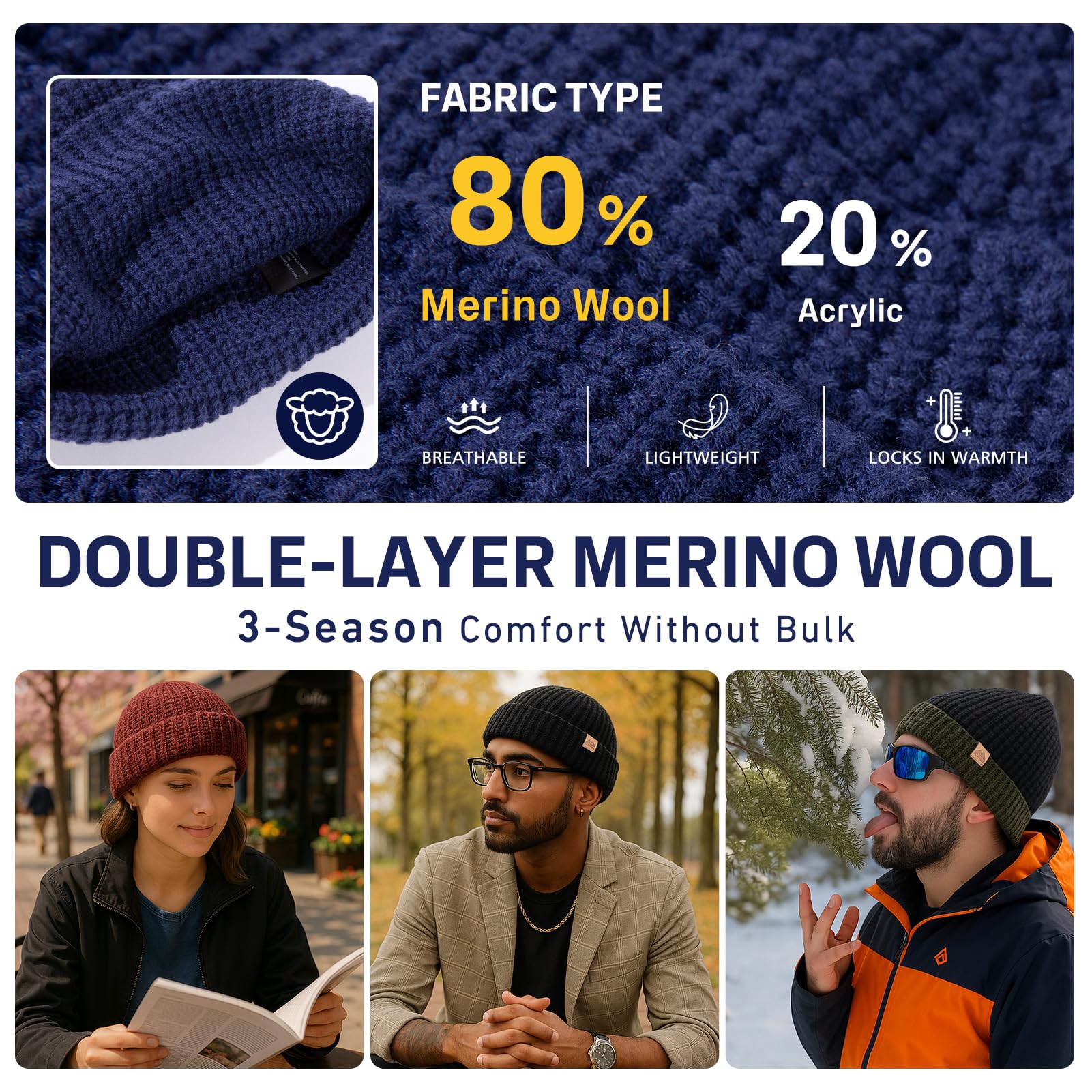 PolarWool Berretto da pescatore a nido d'ape in lana merino, a doppio strato, 2 stili, caldo, invernale, lavorato a maglia, per uomo e donna
