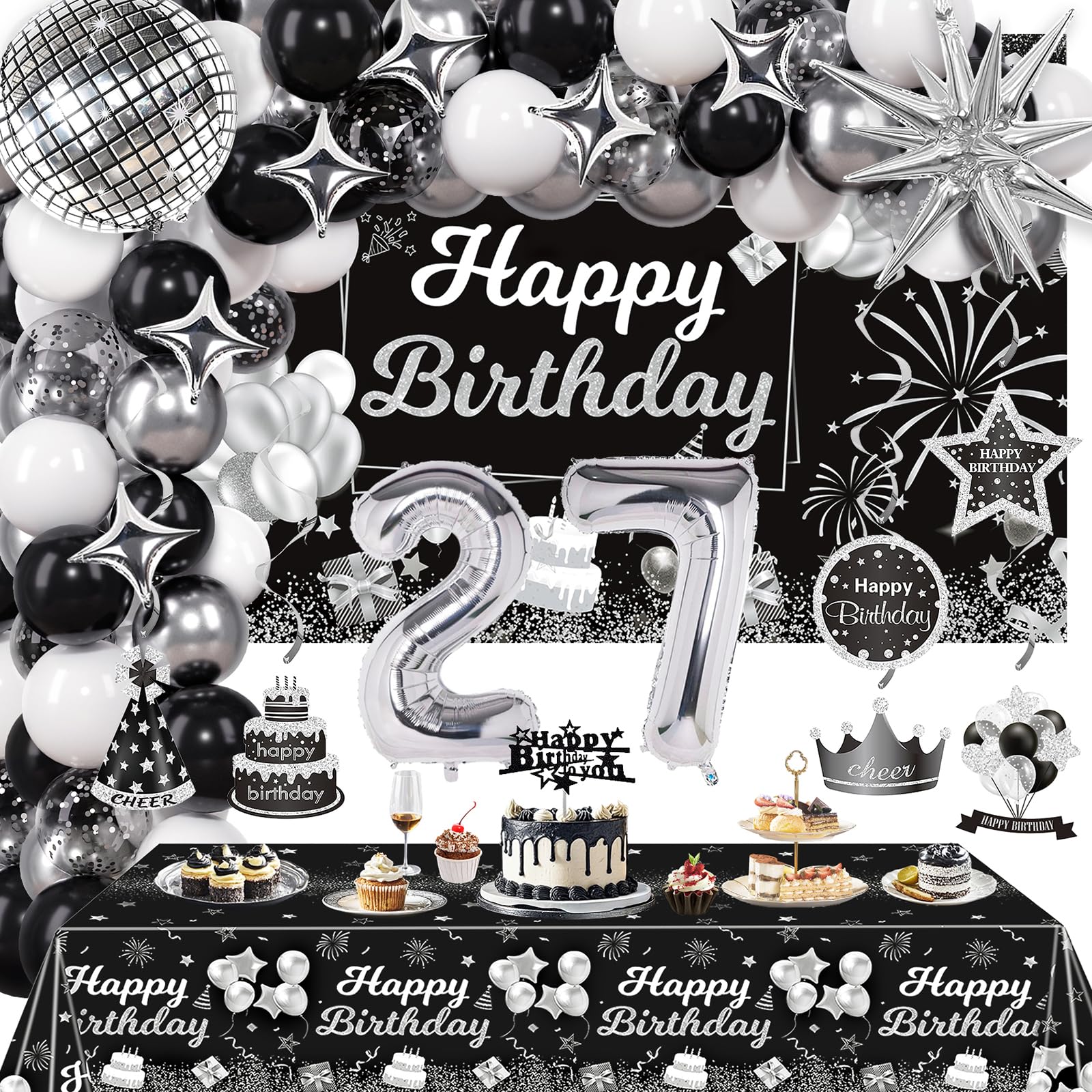 Miidenks 27th Birthday Decorations Set for Man Women,Black Silver Happy 27 Birthday Party Supplies with Birthday Backdrop Banner Birthday Tablecloth