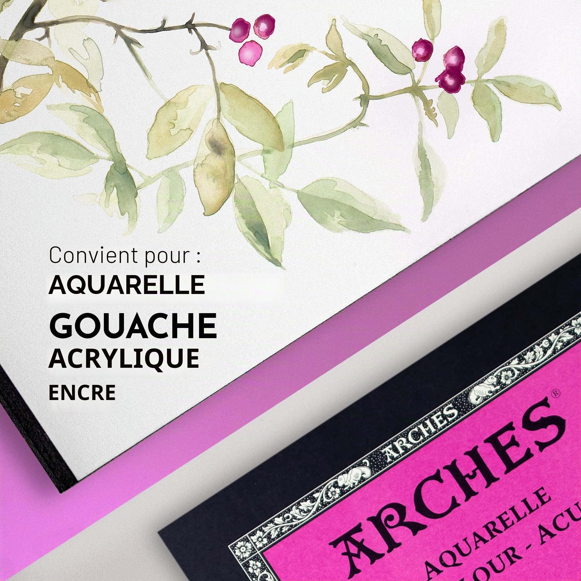 ARCHES Aquarelle - Bloc 12 feuilles 29,7x42 collé petit côté - 300g/m² - grain satiné, blanc naturel, 4 bords francs