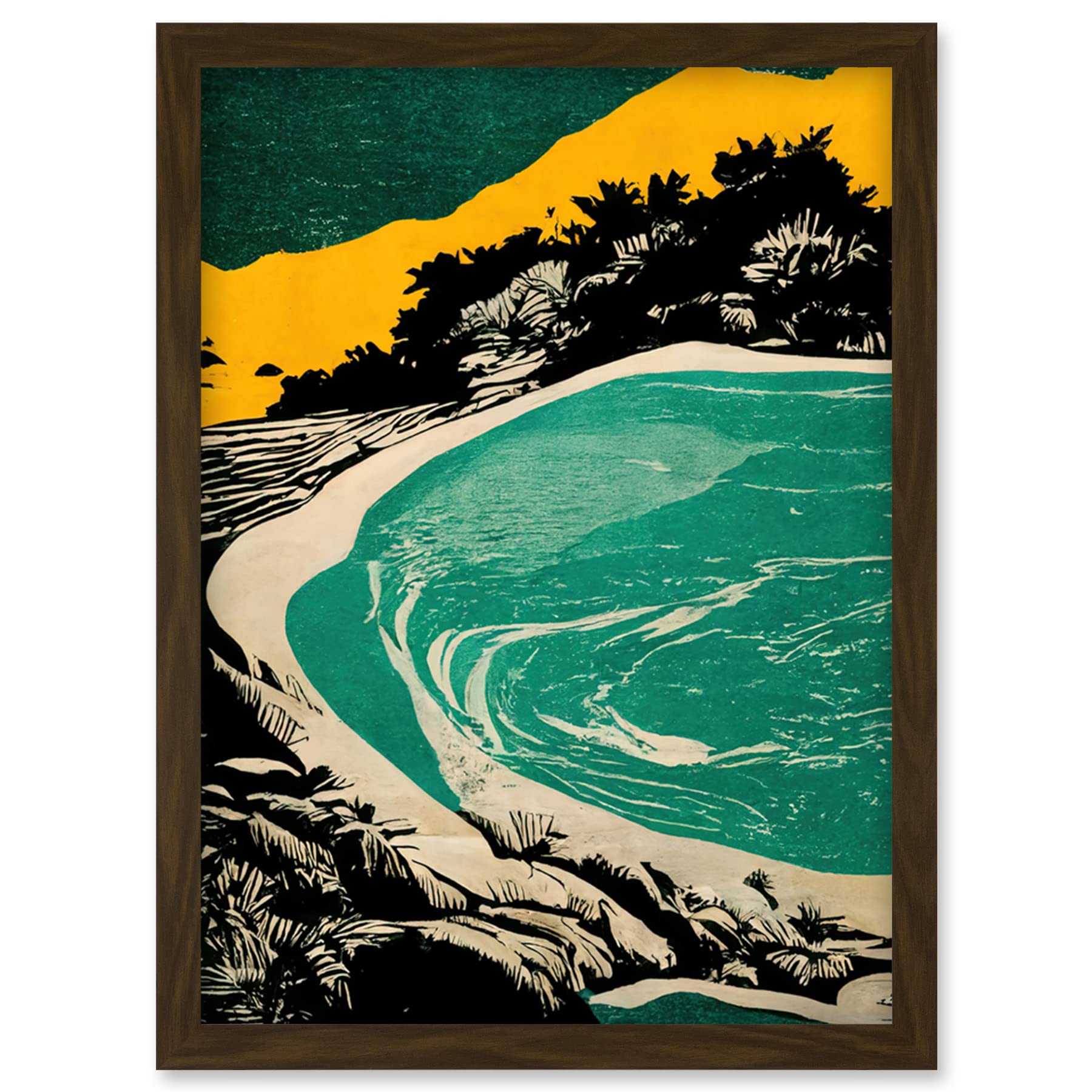 Wee Blue Coo Beach Lagoon Abstract Marbled Seascape Mustard Teal Artwork Framed Wall Art Print A4