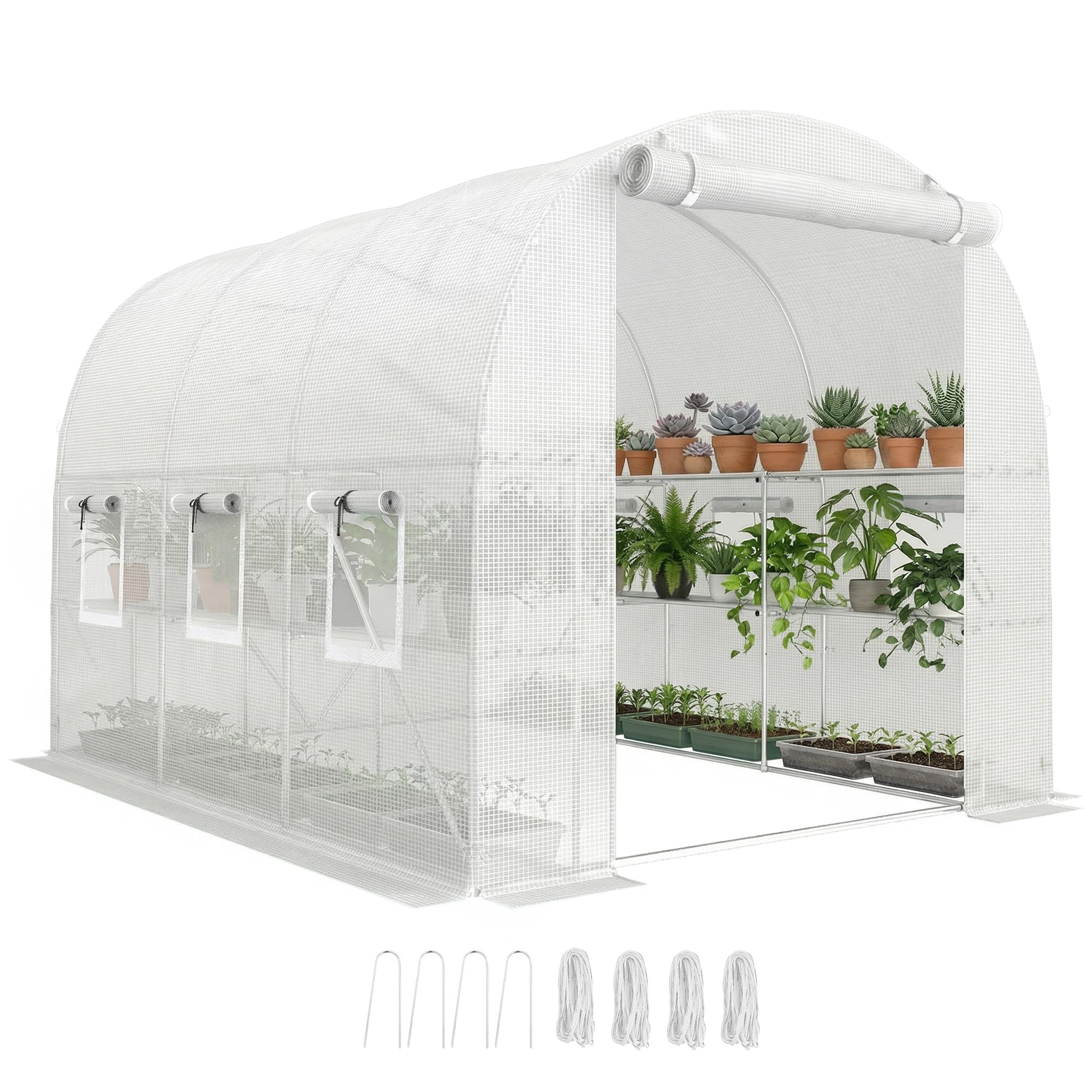 Outsunny Gewächshaus ca. 2,7 x 2 x 2 m Foliengewächshaus mit Regalen Rollbar Reißverschlusstür 6 Netzfenster Stützstangen, UV-beständig Folientunnel, Winterfest Tomatenhaus, Weiß
