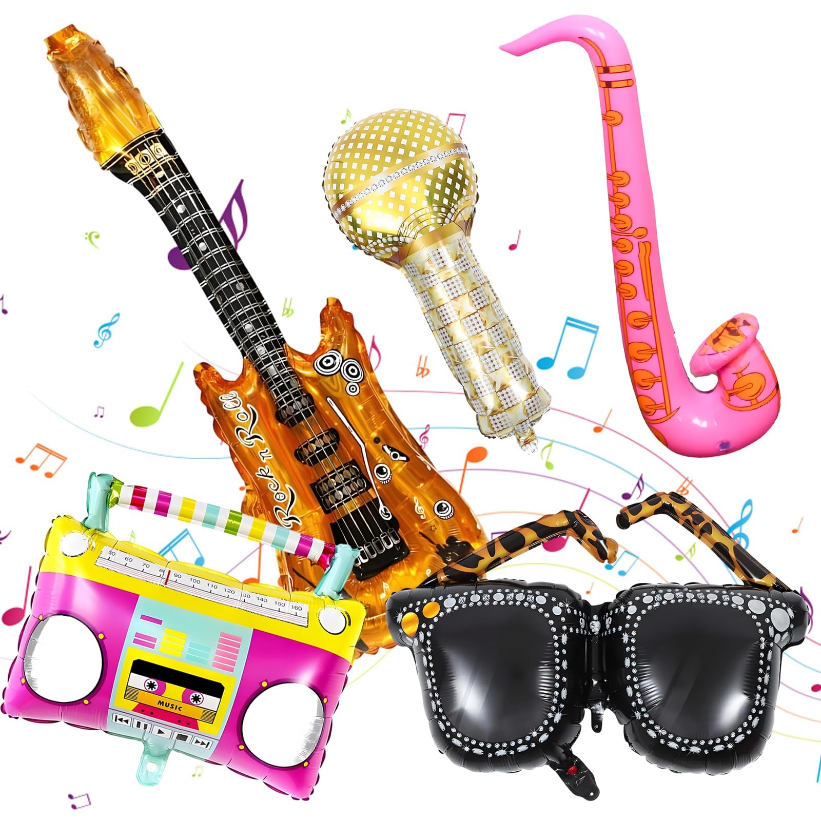 SKJAXF 5 Inflatable Party Props Set, Photo Booth Props with Tnflate Microphone Saxophone Radio Sunglasses, Inflatable Instruments for 80s 90s Themed Parties Birthday Carnival Events