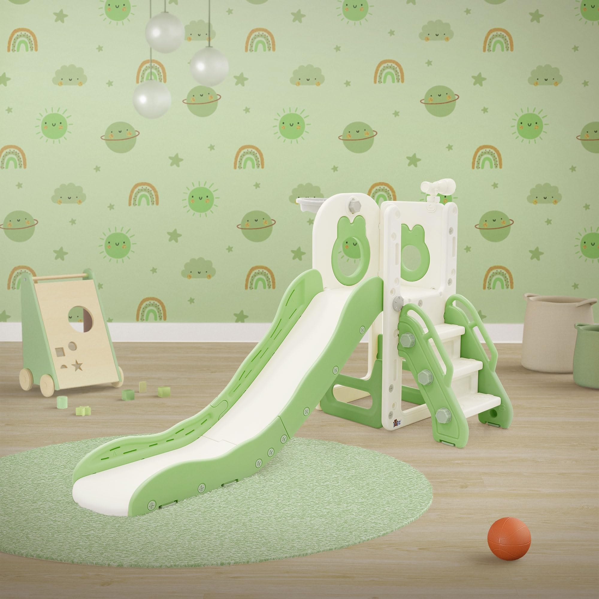 Joyz Tobogán Infantil 3en1 con Refuerzo Antideslizante Plástico Blanco-Verde Juego de Torre con Canasta de Baloncesto Balón y Bomba de Aire Parque de Interior y Exterior para Niños a Partir de 3 Años