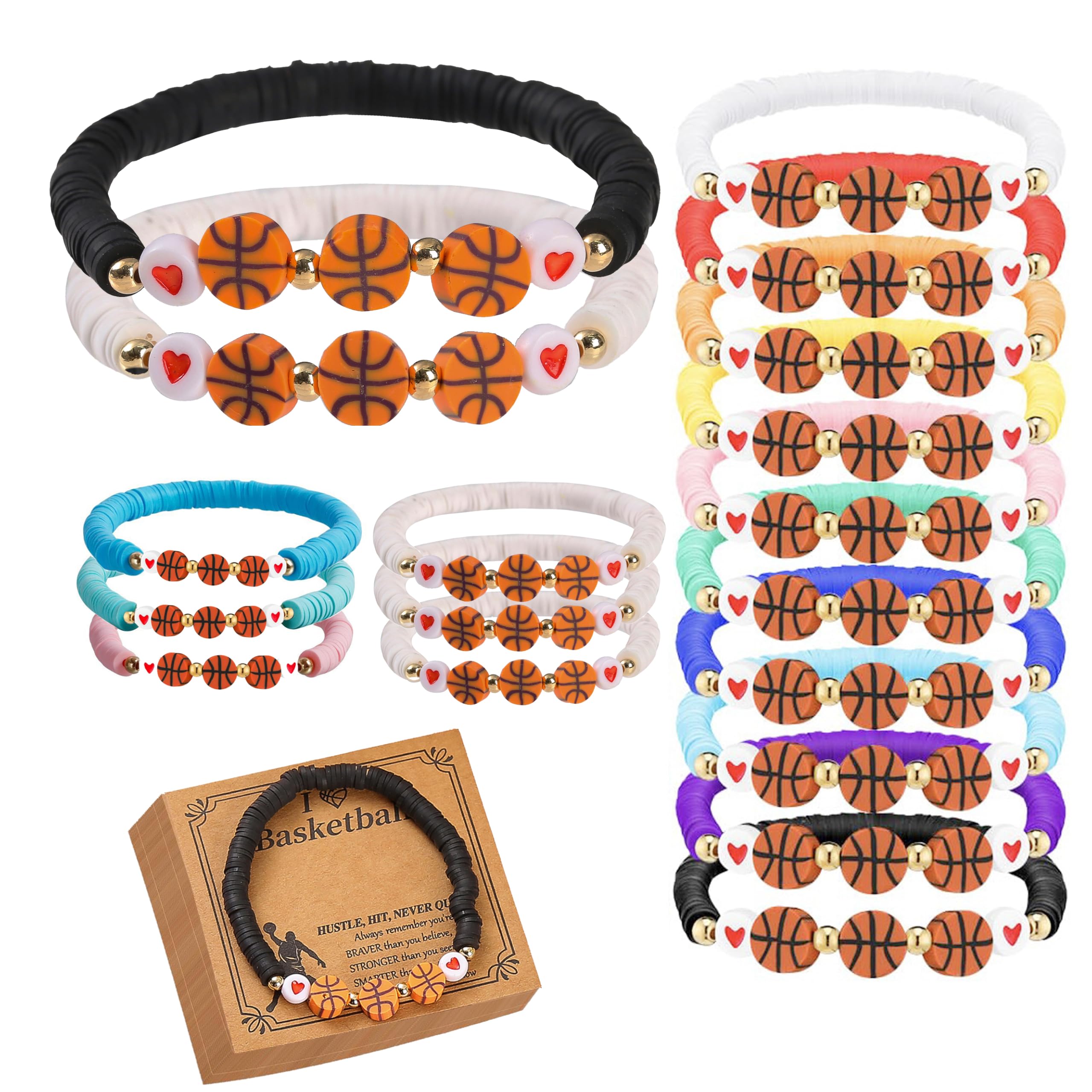 ABISIN 24 Set Basketball Bracelets Basketball Gifts Sport Bracelets Team Gift Basketball Bead Bracelet (Colorful)