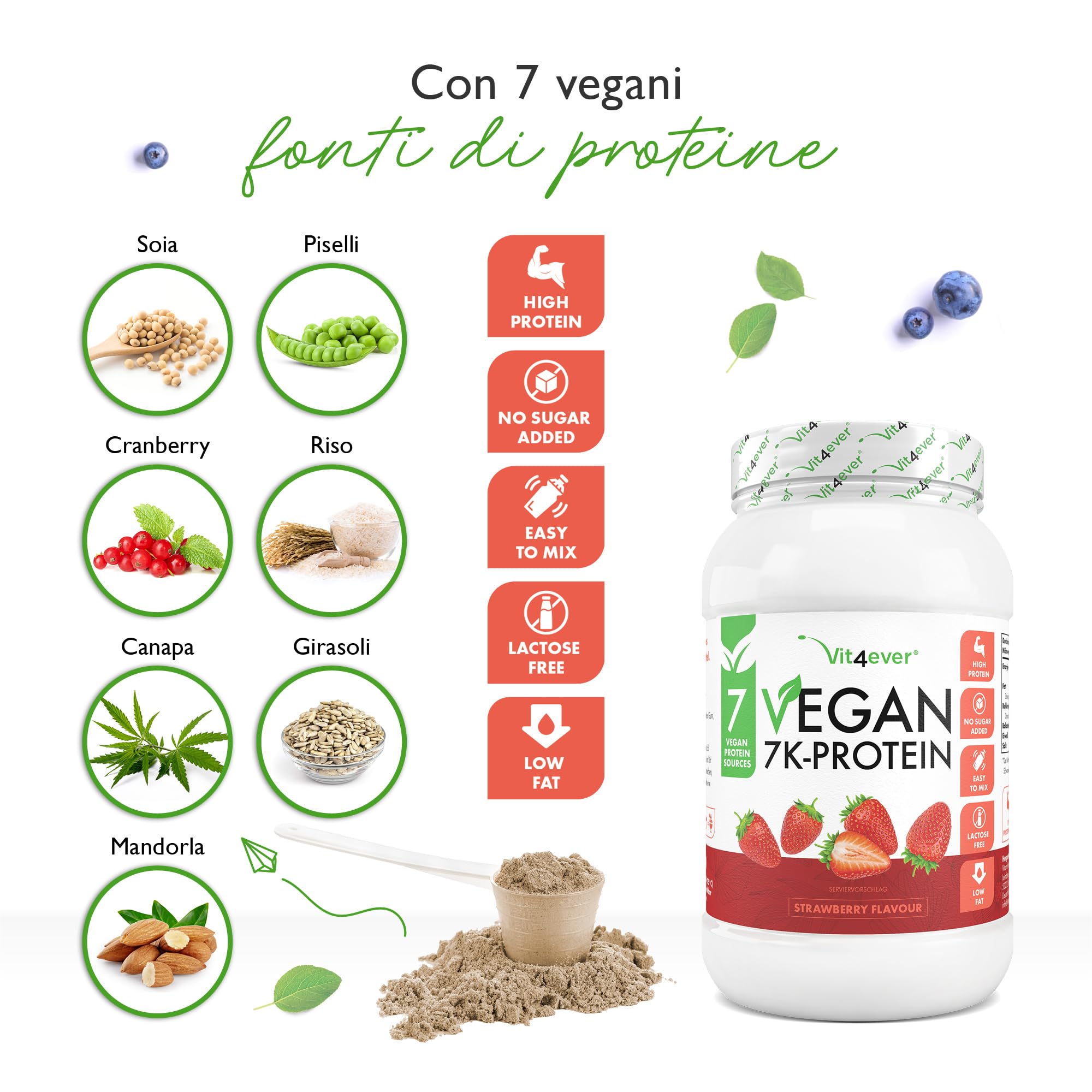 Vegan 7K Proteina – 1 kg – Fragola – Polvere di proteine vegetali pura con riso, mandorle, soia, piselli, canapa, mirtillo, girasole
