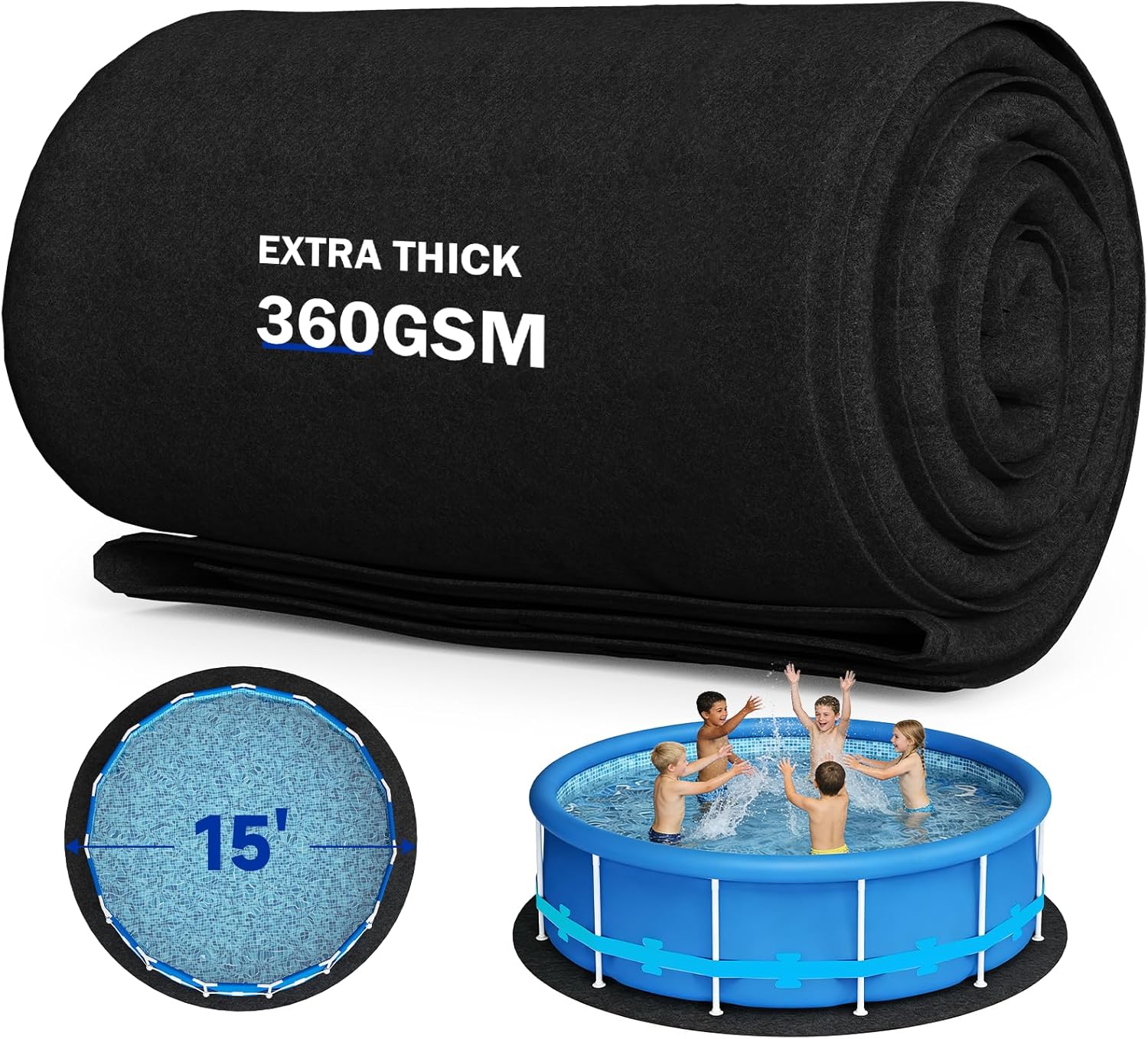 18Ft Round Pool Liner Pad for Above Ground Pools, 360G/M² Extra Thick Heavy Duty Under Pool Mat, Seamless Puncture Resistant Geotextile Fabric Ground Padding, Extends Liner Life, Black