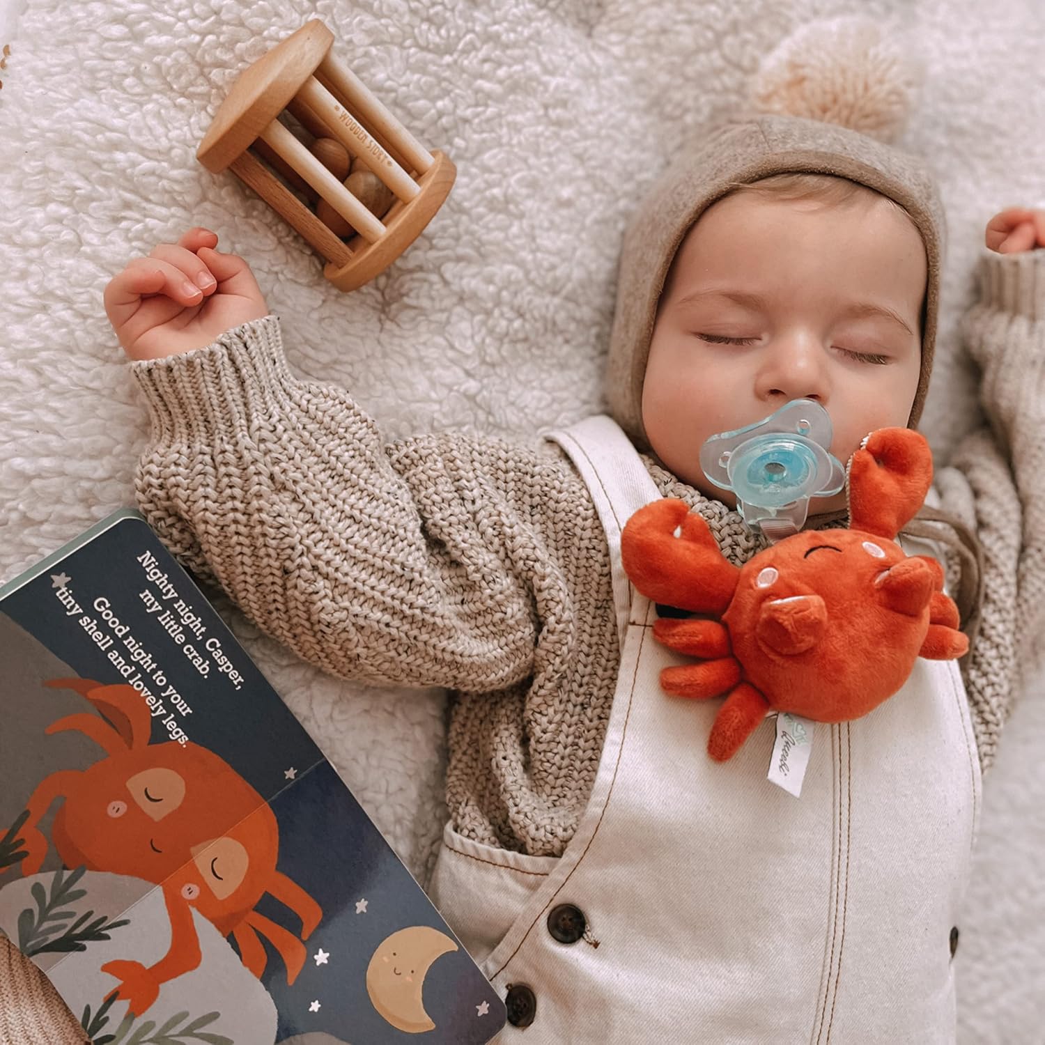 PaciBuddy Crab Pacifier Holder - Plush Toy with Detachable Pacifier & Universal Adapter, Gender Neutral Baby Gift for 0+ Months - Infant Plush Baby Toy, Versatile Baby Essentials, Binky