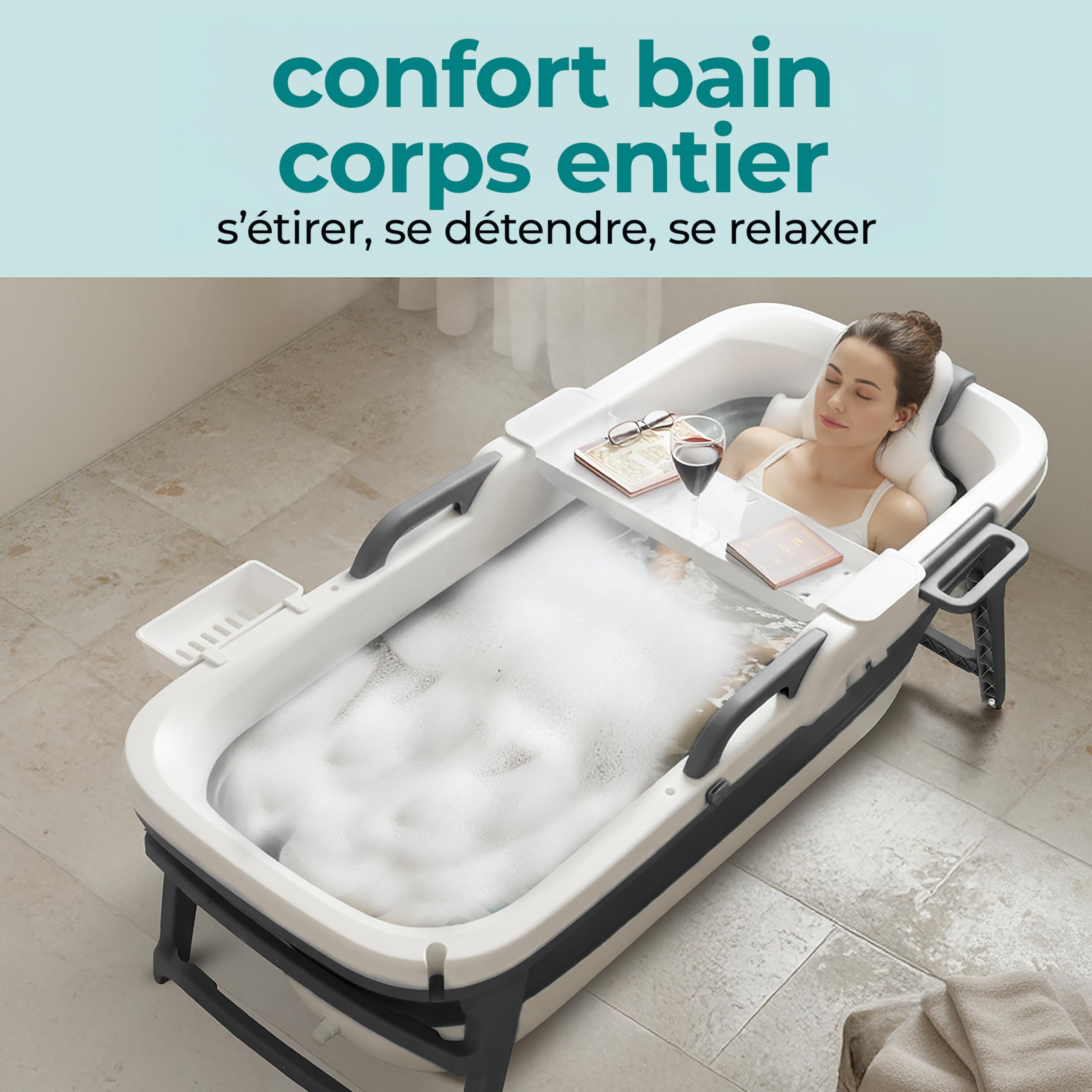 SereneLife Baignoire Pliable Adulte 152 cm, Baignoire Spa Portable avec Couvercle, LED, Douche Rechargeable, Coussin, Rouleaux de Massage et Vidange, jusqu'à 200 kg