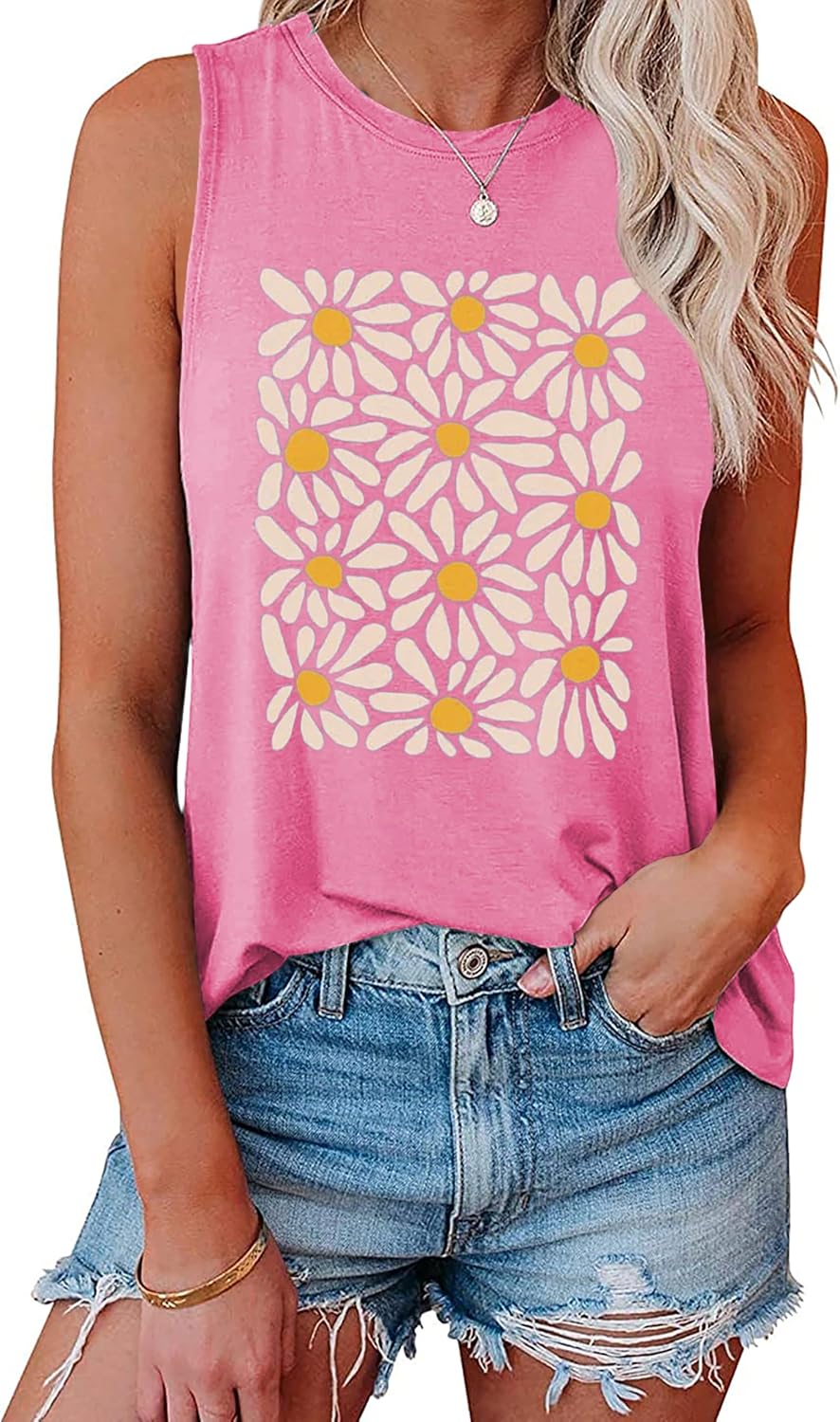 Womens Casual Loose Graphic Comfy Tank Tops Summer Basic T-Shirts Sleeveless Shirts Tunic Tops
