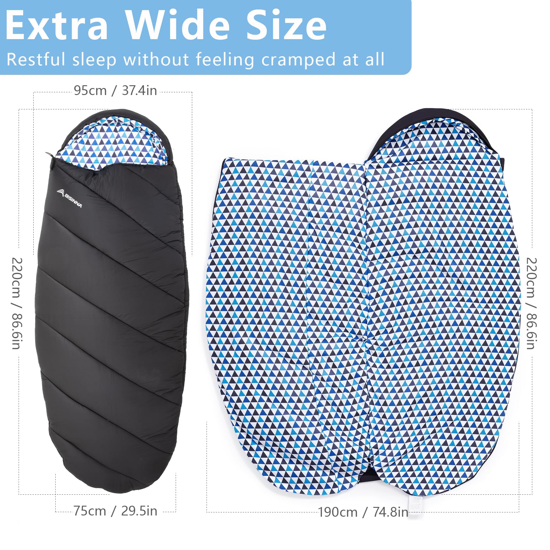 BISINNA Sac de couchage XL en flanelle pour adultes - Pour temps chaud et froid - 3 à 4 saisons - Doublure 100 % coton - Grand sac de couchage pour randonnée, voyage, intérieur et extérieur