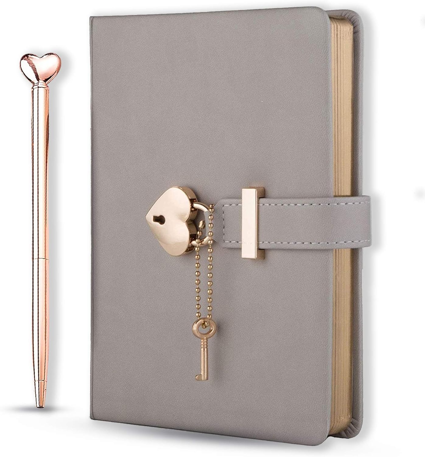 Heart Shaped Lock Diary with Key PU Leather Cover Journal Personal Organizers Secret Notebook for Girls & Women B6 Size 5.3x7inch Diary with Rose Gold Metal Ballpoint Pen (Grey)