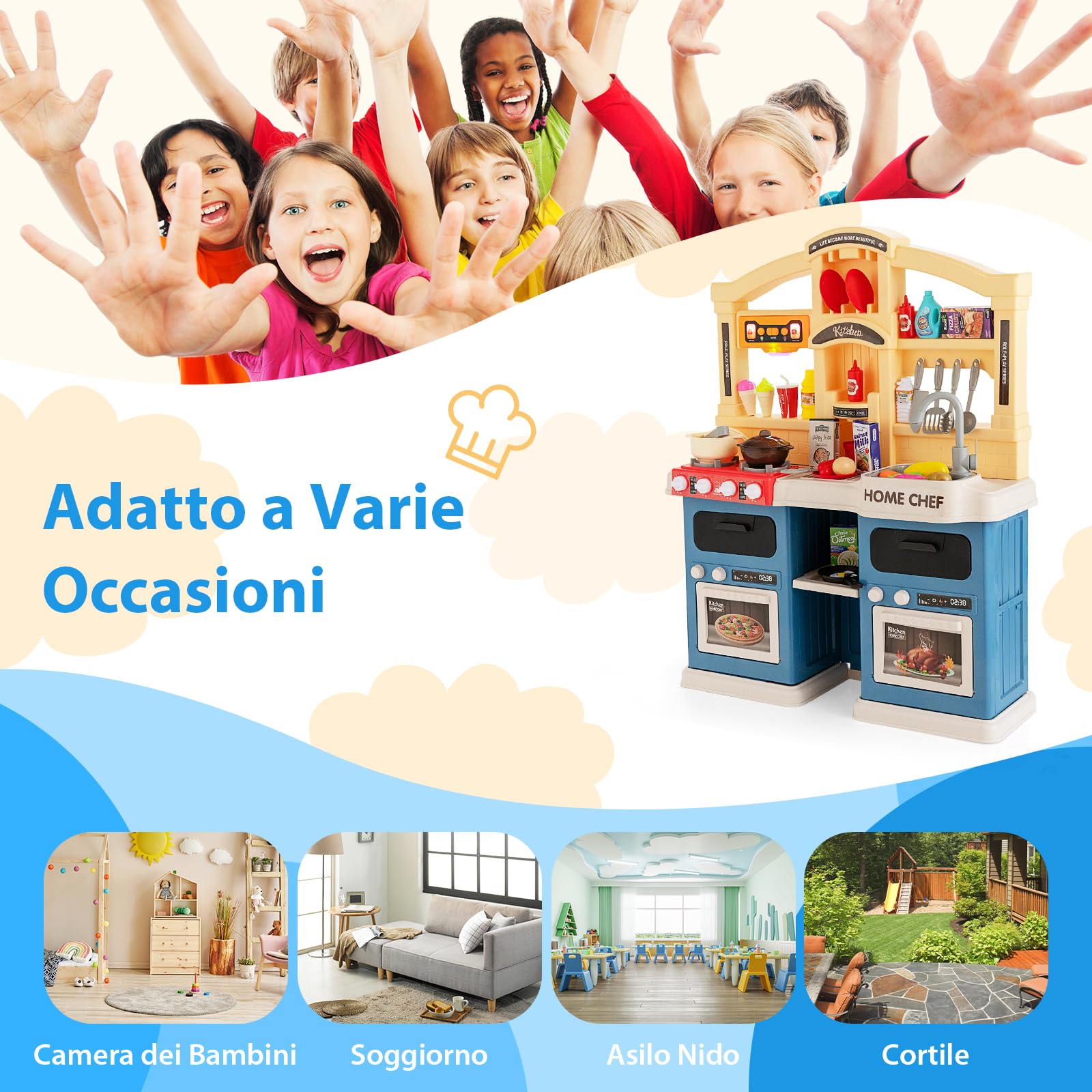 COSTWAY Cucina Giocattolo per Bambini, Cucina per Bambini con Forno, Microonde, Lavello e Rubinetto, Funzione Luci e Suoni, Vapore e Ebollizione, 69 Accessori, per 3+ Anni (Blu)