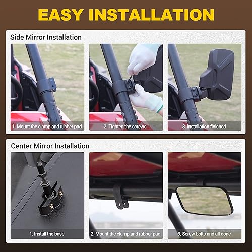 Miniatura 7 de Espejos laterales y espejo central, espejos retrovisores ajustables para barra antivuelco de 1.6-2 pulgadas compatible con Polaris Ranger RZR Can-Am