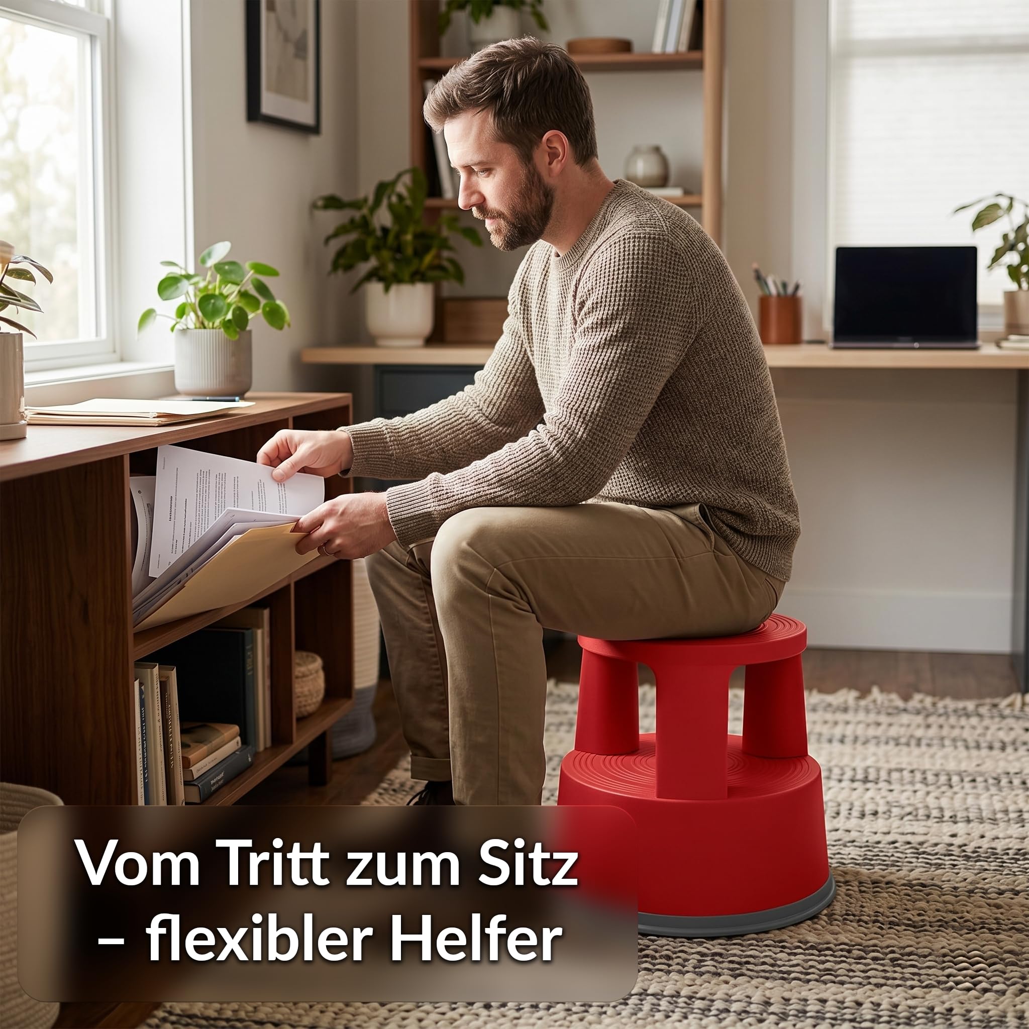 Office Marshal Rollhocker Kunststoff Elefantenfuß rot, Rutschfester Tritthocker mit Rollen, mobiler Rolltritt bis 150 kg, 43 cm hoch, Stabiler Hocker für Büro, Küche, Werkstatt, Lager & Haushalt