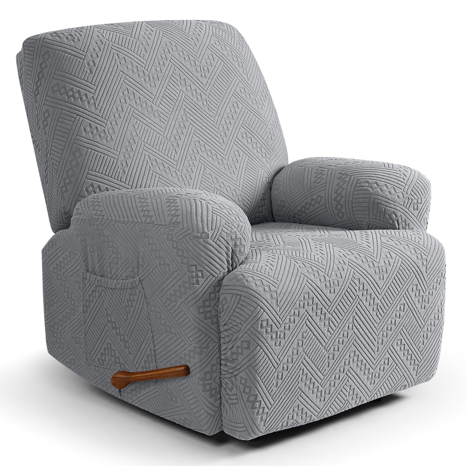 Ruaozz Stretch Recliner Chair Cover 3-Pieces Recliner Covers for Recliner Chair with Pockets Soft Jacquard Reclining Chair Cover Furniture Protector with Elastic Straps Bottom (1 Seater, Light Grey)