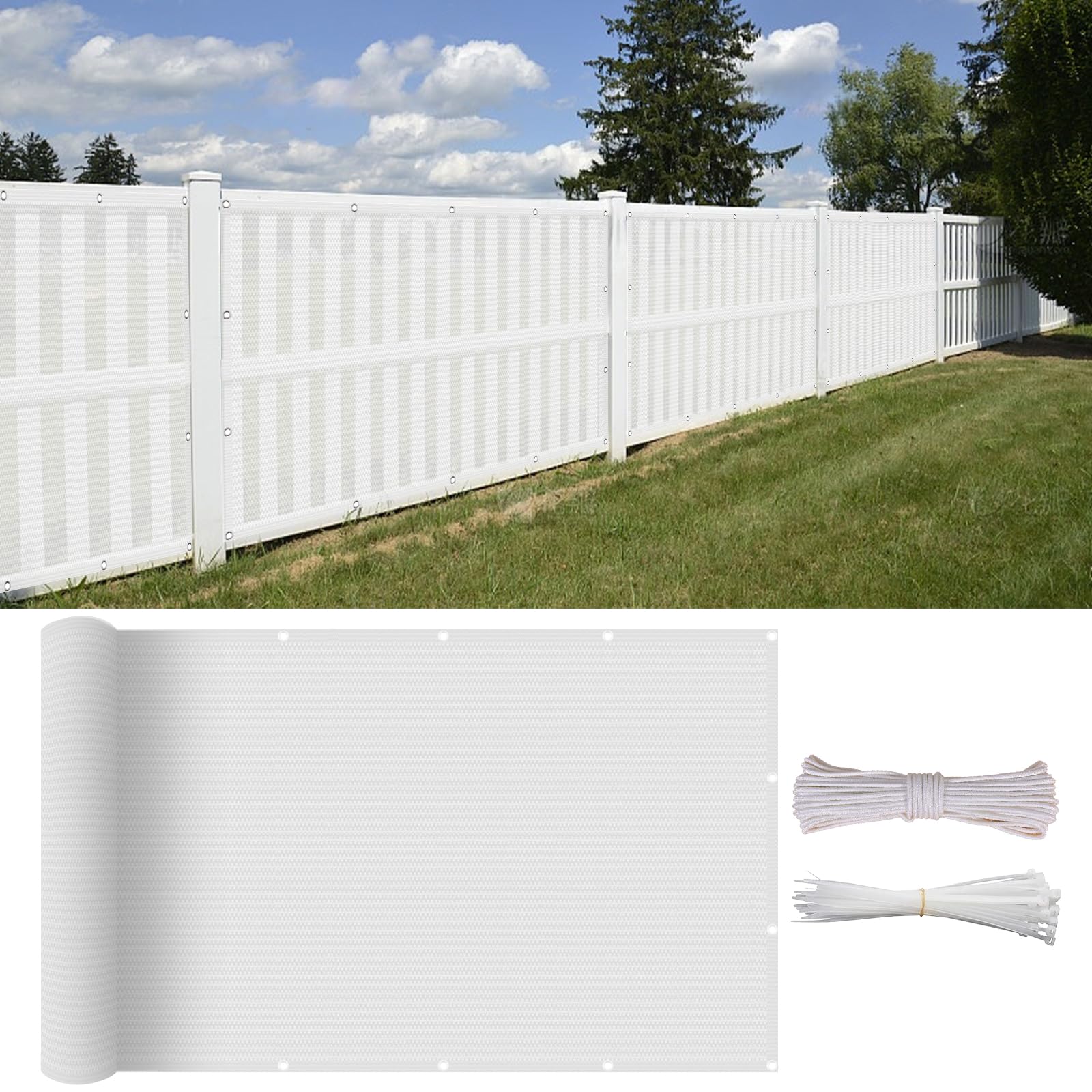 Frangivisto Balcone 65 x 1000 cm in HDPE 220G ㎡, Frangivento, Protezione Solare, Permeabile, Anti-Uv, Telo Frangivento per Balconi con Fascette e Funi para Jardín Exterior, Bianco
