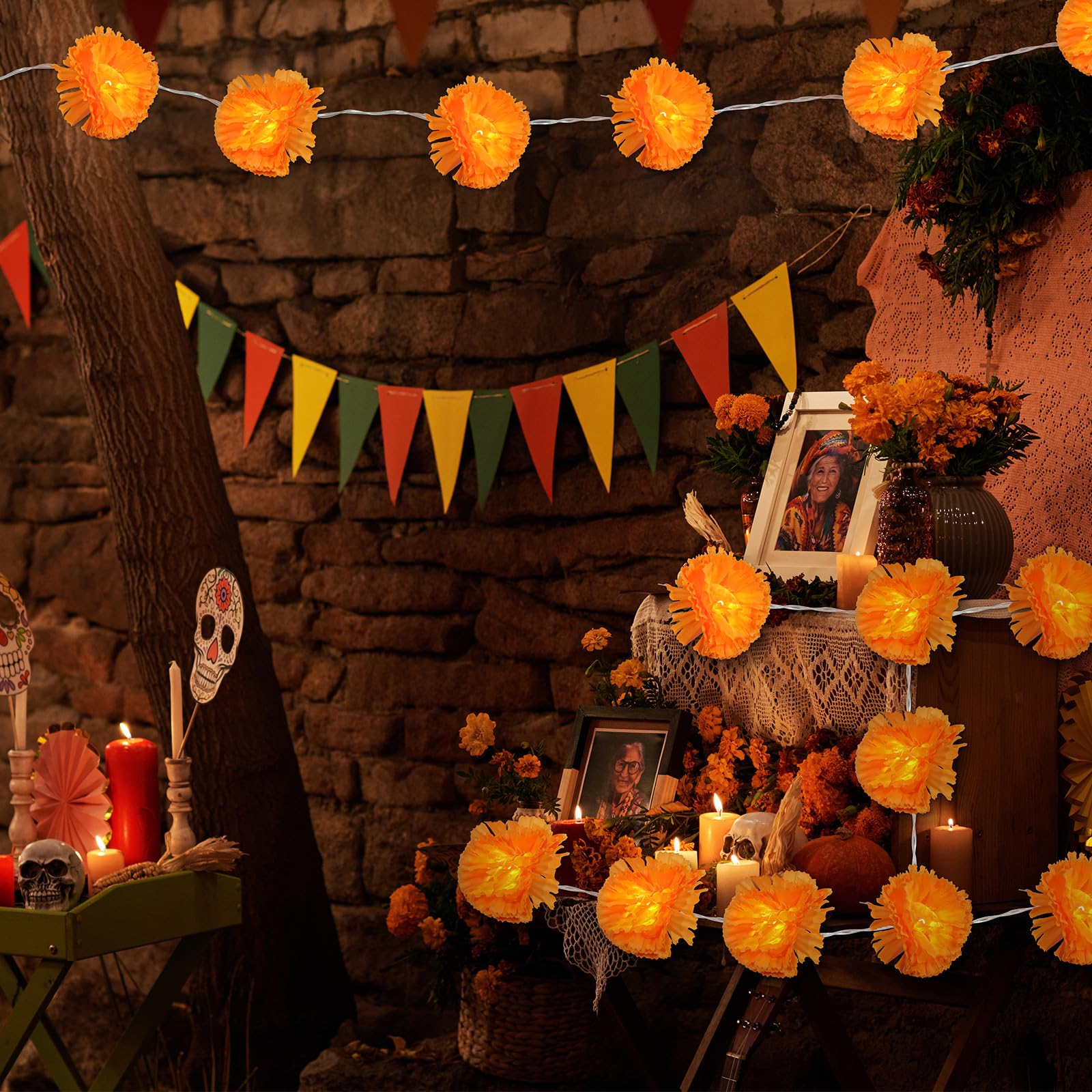 Girlanda nagietka na Dzień Zmarłych, 10 diod LED, sztuczne kwiaty nagietka, łańcuch świetlny Dia de Los Muertos, dekoracje na Halloween, Diwali, indyjskie przyjęcie, 6 sztuk (15 m, 10 LED)