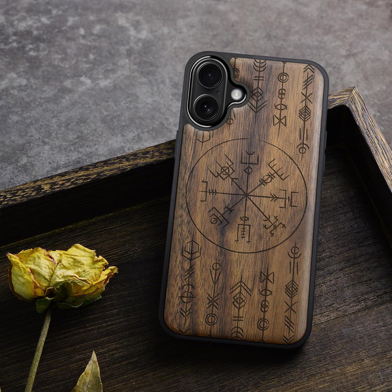 Carveit Magnetic Wooden Case for iPhone 16 Case, Wood Artisan Engraved & Black Soft TPU Shockproof Cover, Compatible with MagSafe Wireless Chargers (Viking Amulet) Walnut