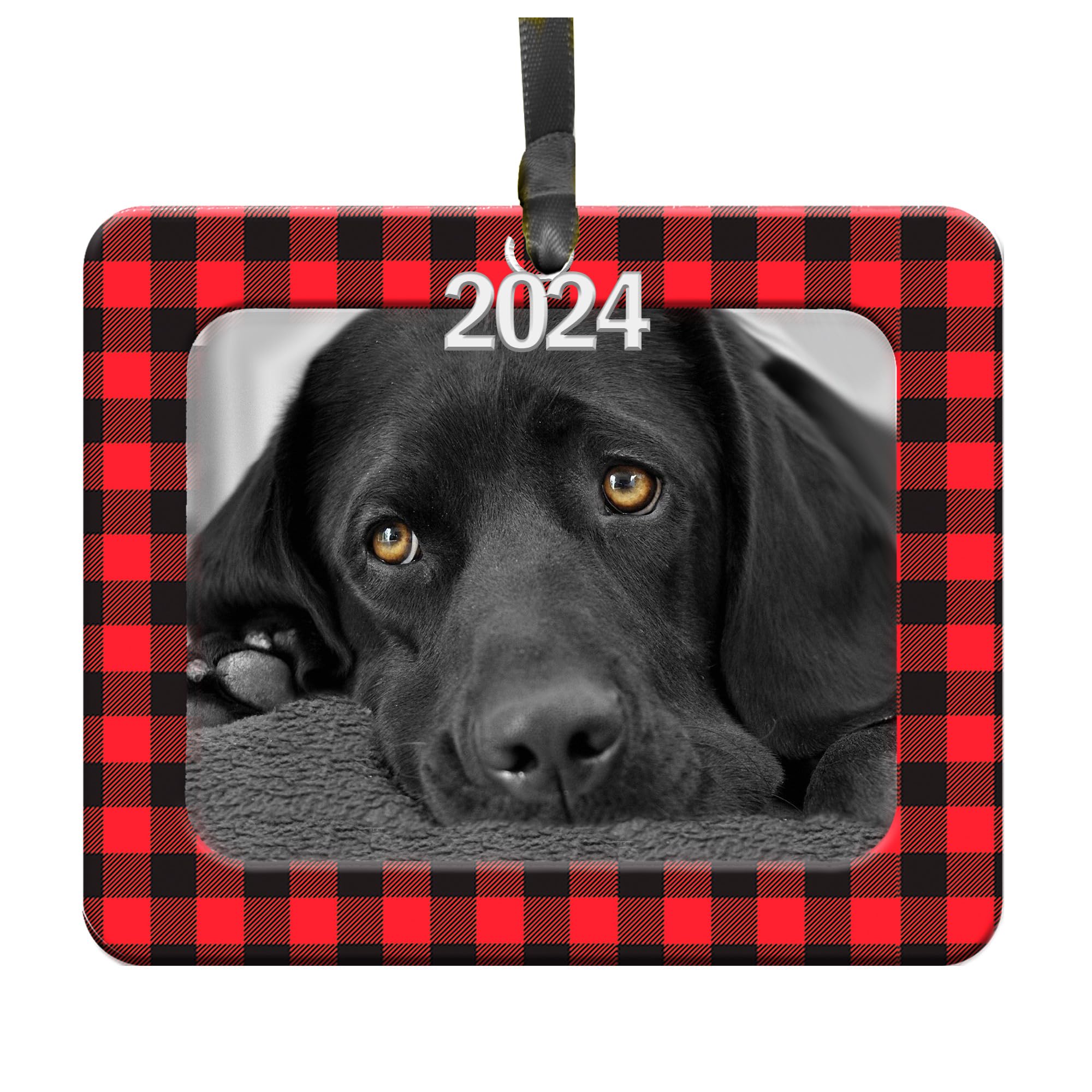 Photo Ornaments for Christmas Tree, Classic Red and Black Buffalo Plaid Christmas Frame Ornament, Easy-Load Magnetic Design, with Satin Ribbon, 2024 Silver Charm Plus Photo Protector, Horizontal