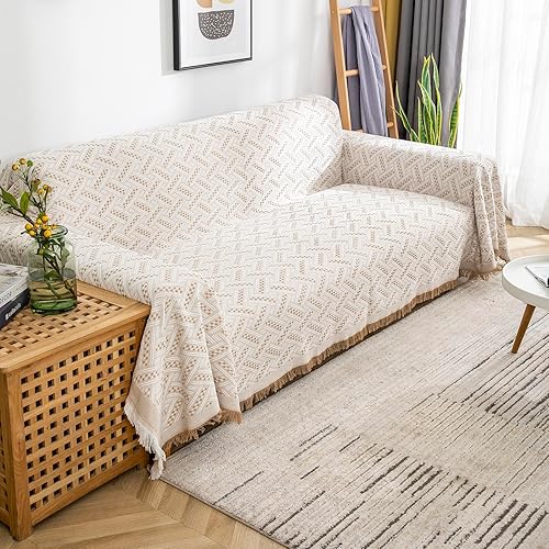 Miniatura 9 de STACYPIK Funda de sofá seccional tejida de punto beige grueso para perros, fundas para sofá de 2 cojines, lavable, estilo bohemio, jacquard, funda