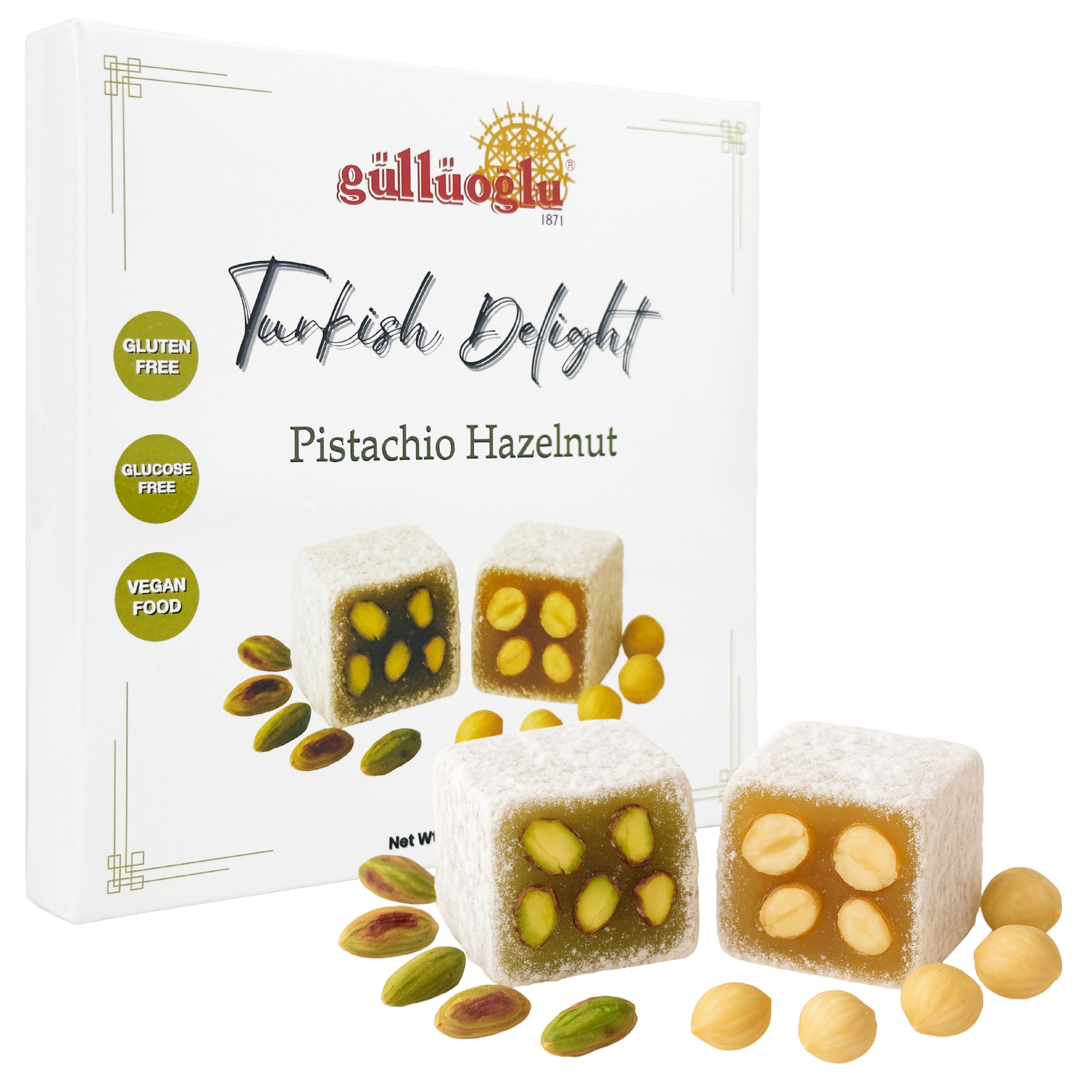 Güllüoglu (Pistachio-Hazelnut) Turkish Delight- 8.1oz - 230gr Authentic Traditional Gourmet Premium Candy Dessert from Turkey – Natural Ingredients, Great Gift Idea