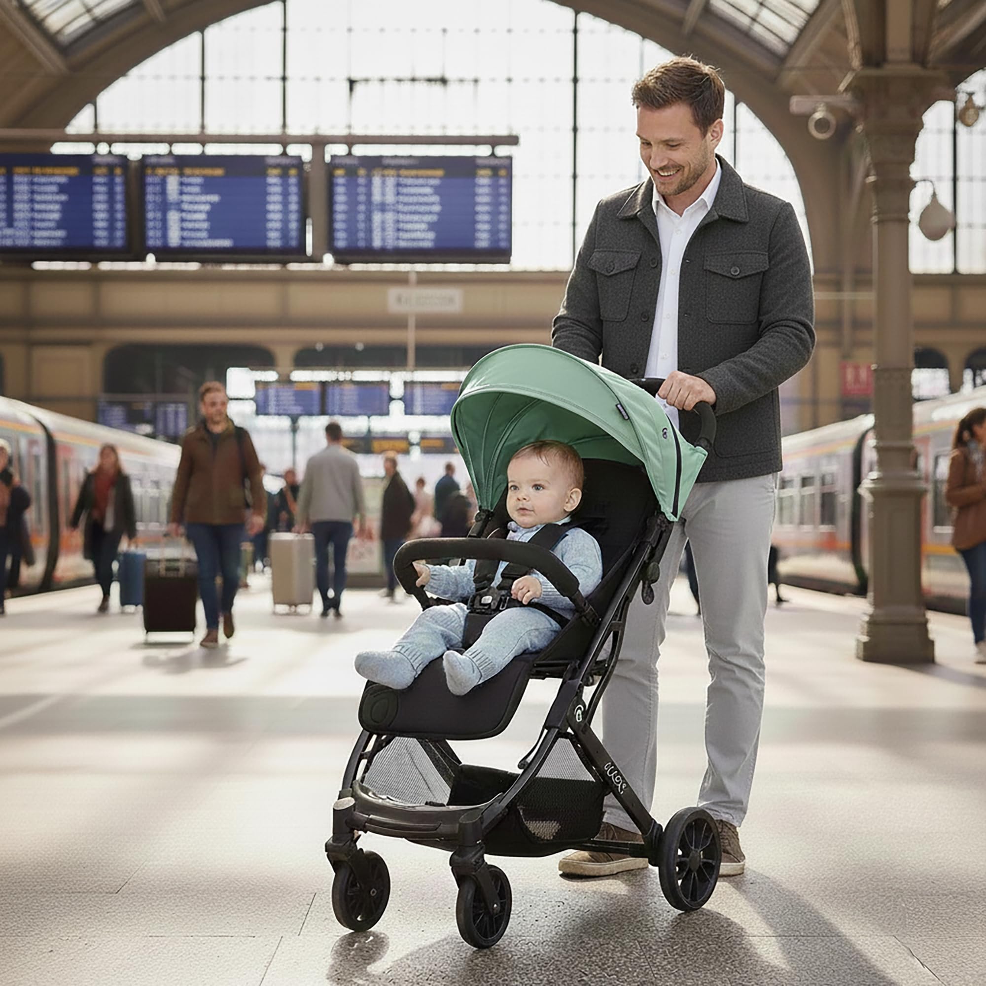 Poussette légère et compacte avec une seule main, grandes roues, inclinable et adaptée pour la cabine - Poussette de bébé avec poignée trolley et SPF50+ - Asalvo KUBIC 2 Vert